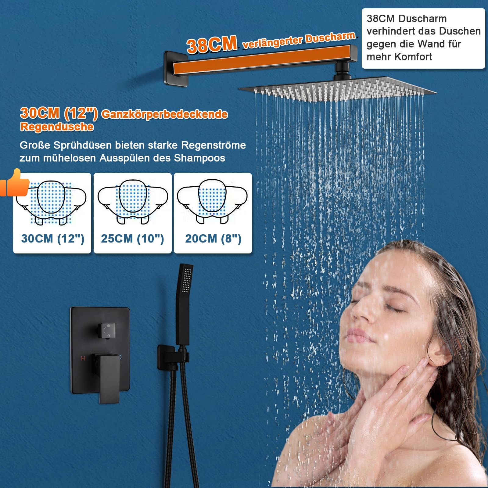 ROVOGO 30 x 30 cm Unterputz Duscharmatur Schwarz Set Duschkopf Eckig, Duscharmaturen Komplettset Unterputz mit Handbrause aus Edelstahl, Dusche Duschsystem Regendusche mit Armatur für Bad Duschset