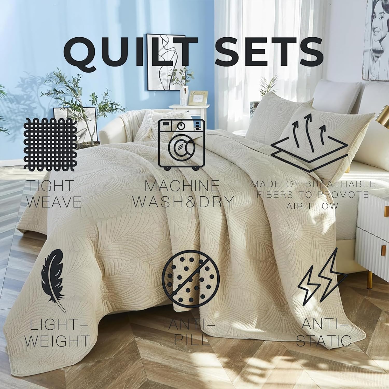 Brandream Beige Palm Quilt Set Queen Size Cotton Matelasse Tropical Palm Bedding Lightweight Bedspreads 3-Piece - Image 7