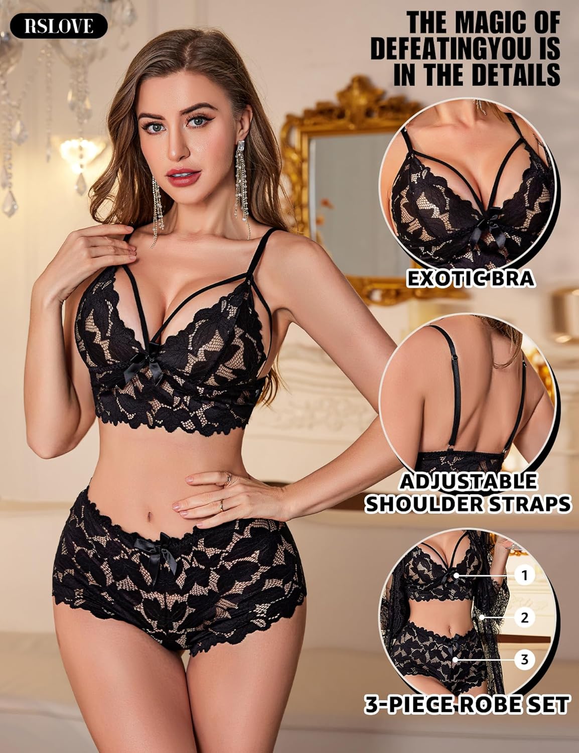 RSLOVE Women Sexy Lingerie Set - 3 Piece Bra and Panty Sets with Lace Kimono Robe Sleepwear Mesh Nightgown - Image 3