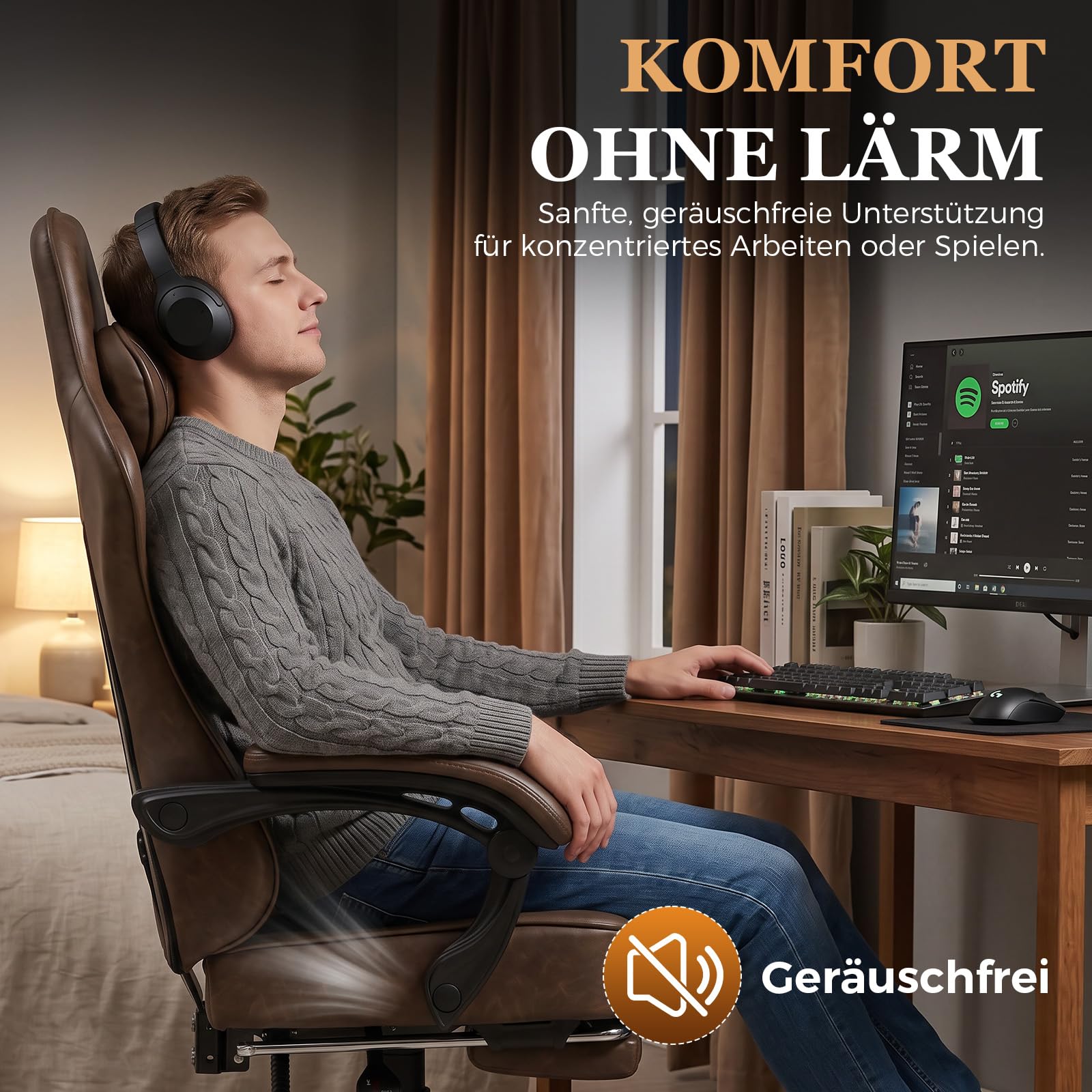 GTPLAYER Gaming Stuhl, Bürostuhl, Ergonomischer PC Stuhl, Höhenverstellbarer Drehstuhl,Armlehnen mit Synchronmechanik, Lendenkissen, Kopfkissen, bis 150 kg Belastbarkeit, Kunstleder, Retro-Braun