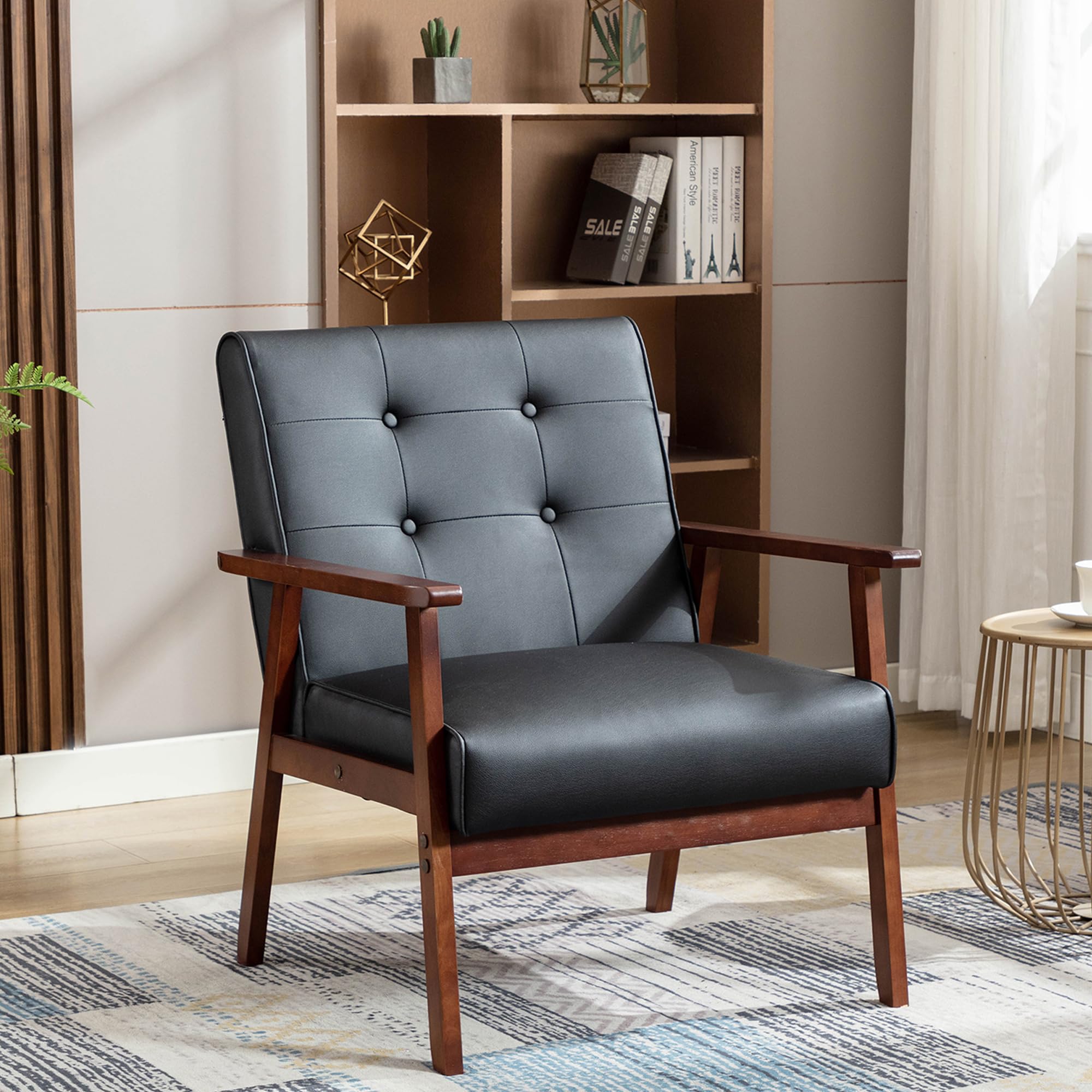 JIASTING Mid-Century Retro Modern Accent Chair Wooden Arm Upholstered Tufted Back Lounge Chairs Seat Size 24.4" 18.3" (Deep) (Square Leg Black)