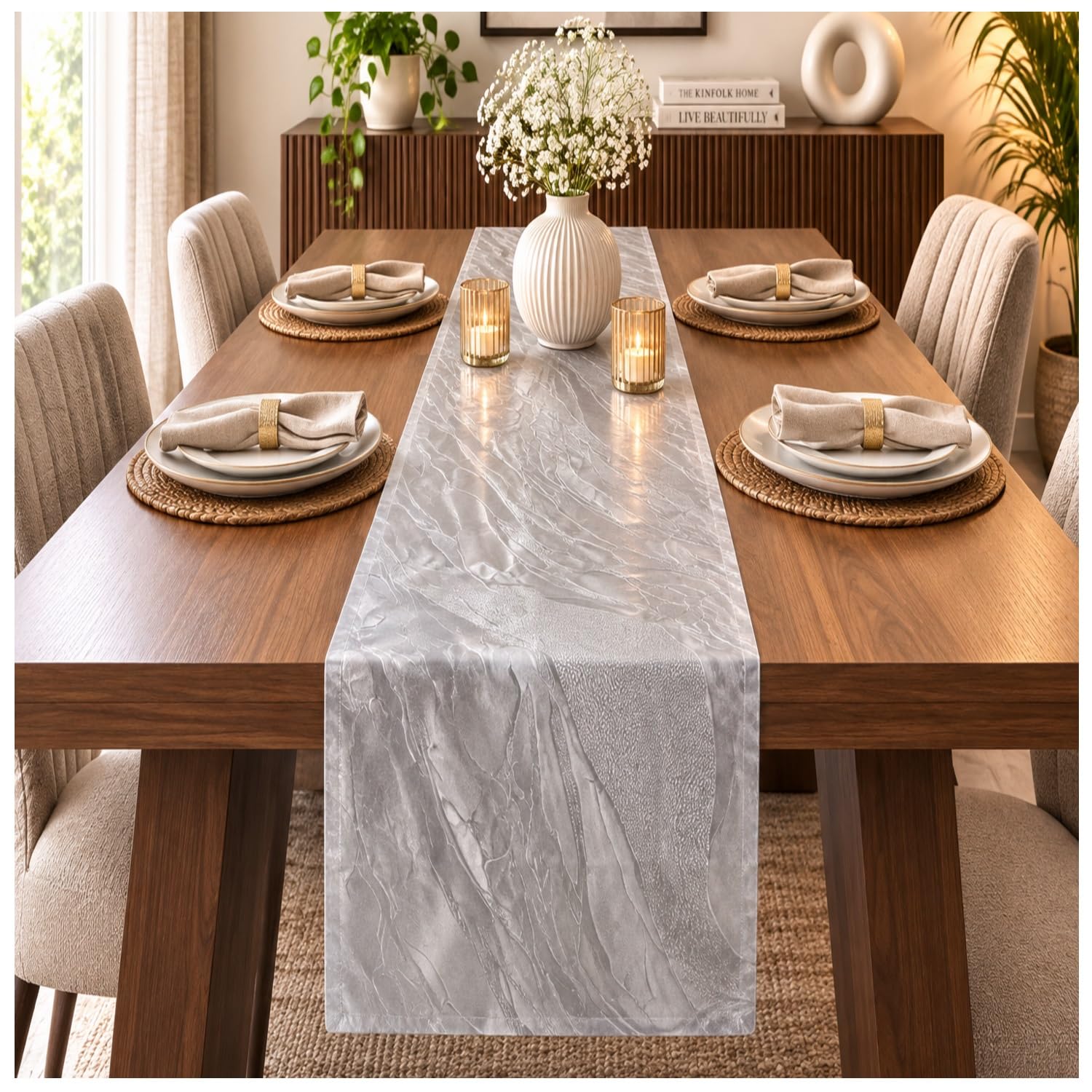 Elegant Textured Dining Table Runner for Home Décor | 13 x 60 Inch | Decorative Table Runner for Dining Table, Coffee Table & Centre Table - (Silver Colour)-image-33