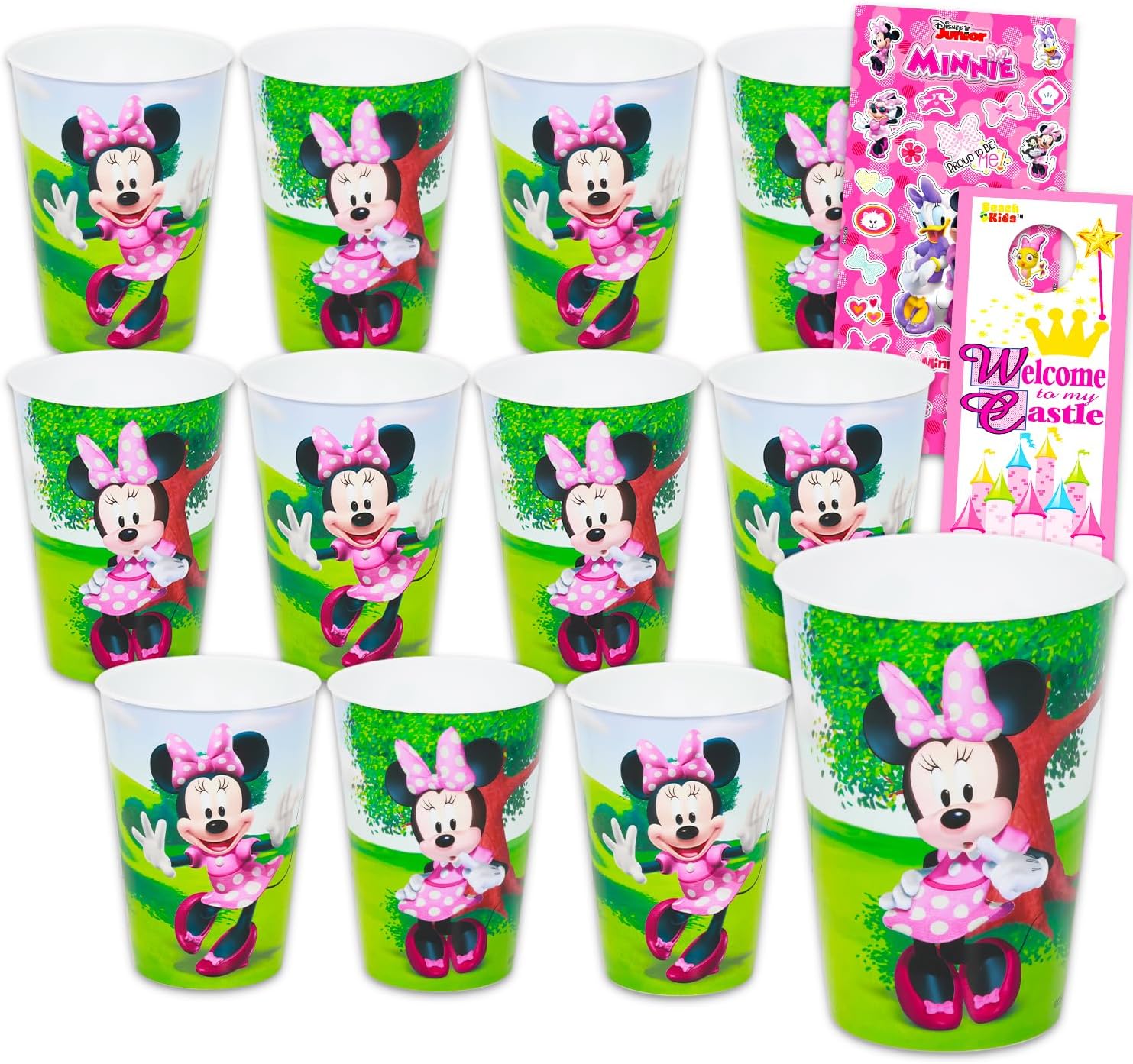 Disney Minnie Mouse Reusable Tumbler Cup 12 Pack Party Favor Bundle with 15 Oz Cups Plus Stickers, More | Minnie Mouse Water Tumblers Set