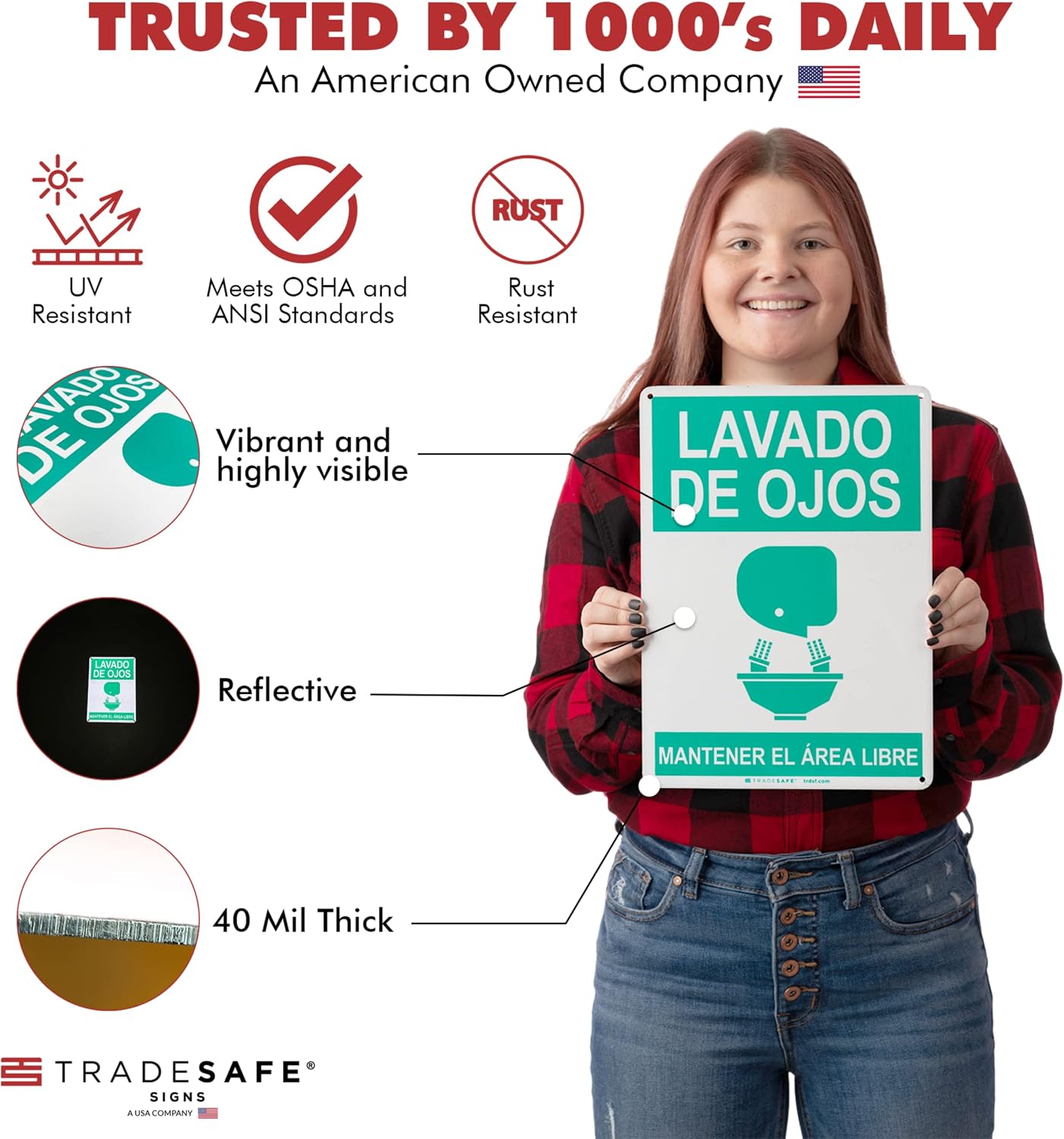 TRADESAFE Eye Wash Station Sign, Lavado De Ojos Mantener El Área Libre Spanish Sign, Quick Install Aluminum Safety Sign, Light Reflective, UV-Resistant, Waterproof, 10” X 14” Signs for Business