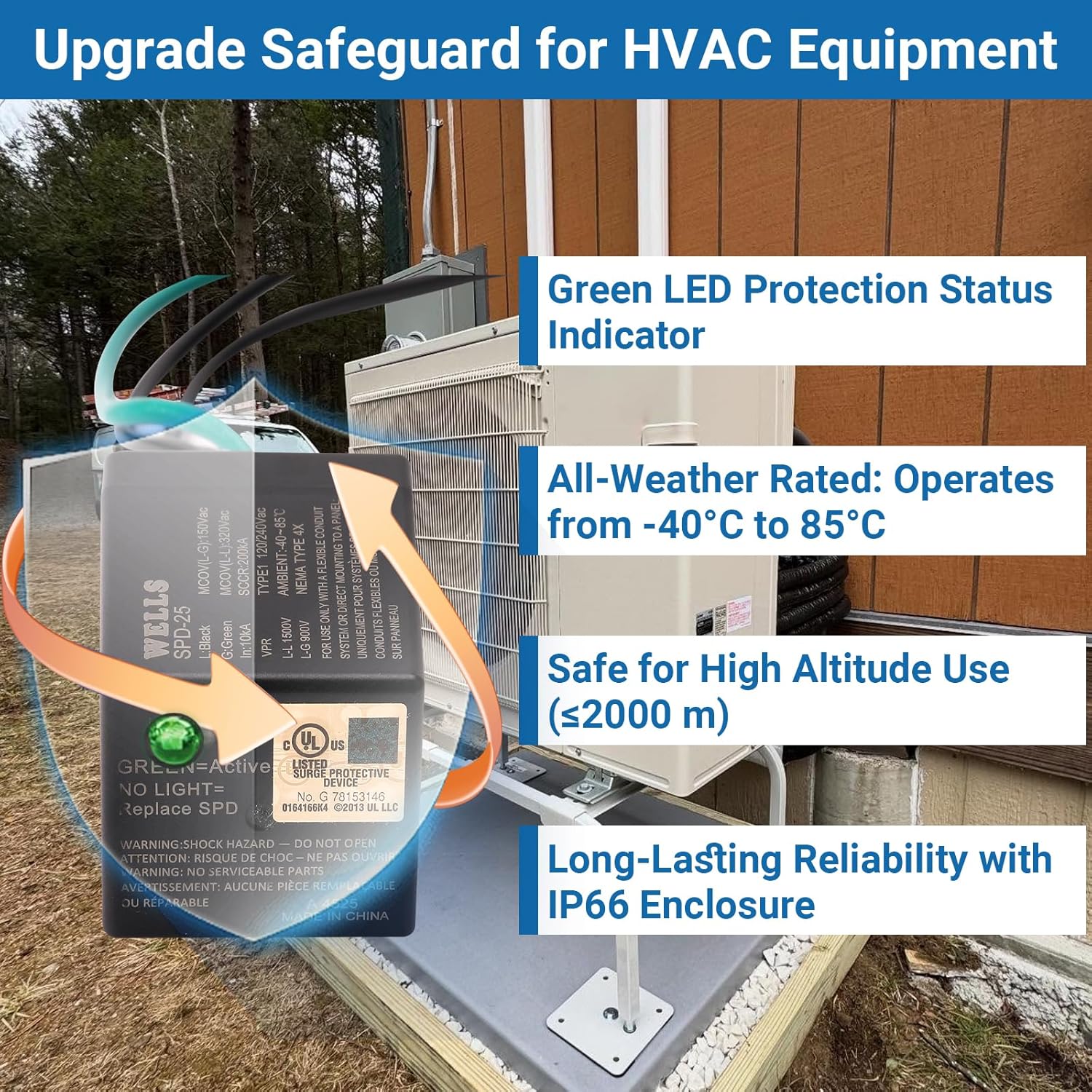 Wells 120/240V Universal Surge Protector for HVAC & Heat Pump - 25kA Type 1 SPD, 200kA SCCR, NEMA 4X/ IP66 Waterproof Outdoor Enclosure, TFMV Technology, Easy Installation (1-Phase, 3-Wire)