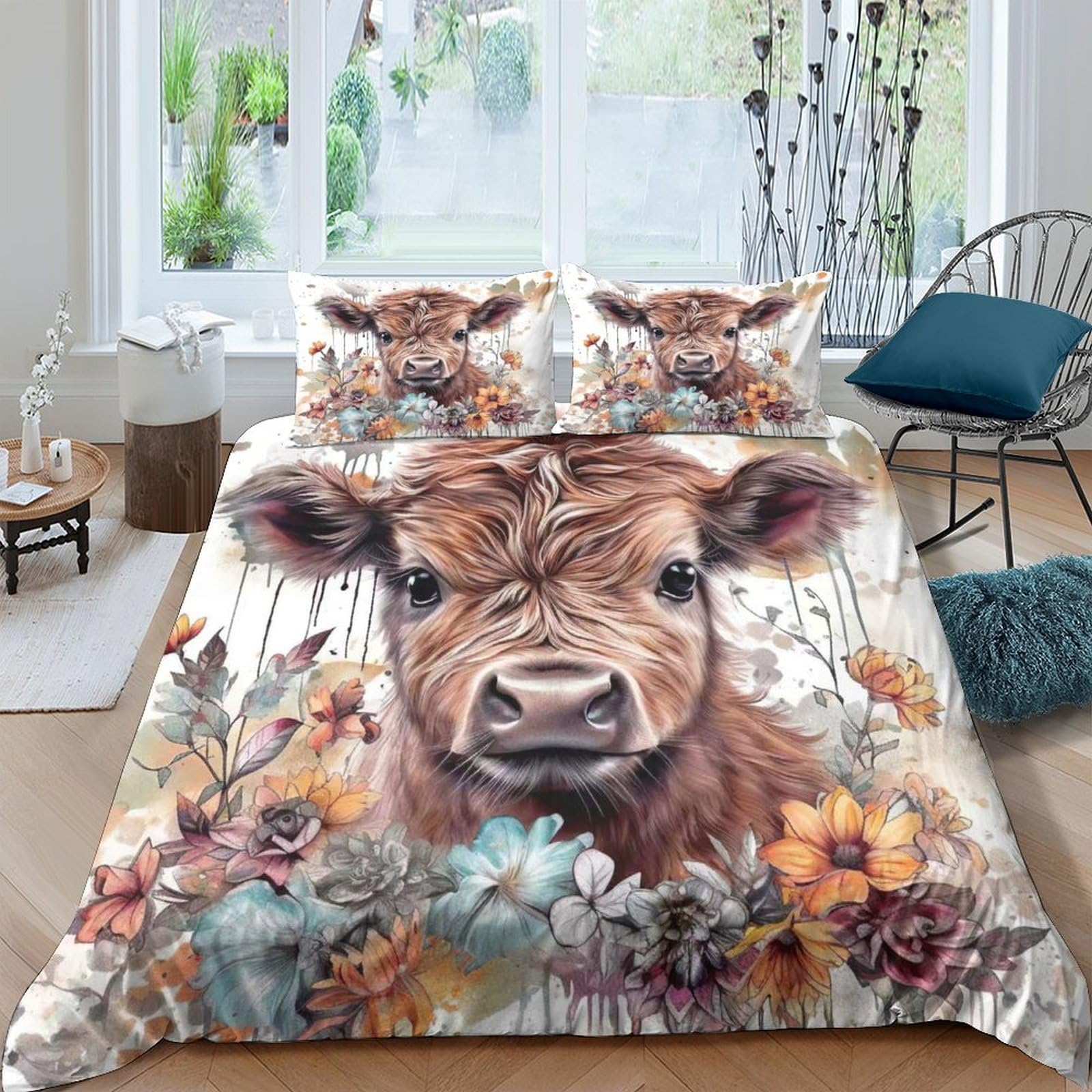 Ctjqhvkz Style-8 3D Printed Highland Cow Fitted Sheet Microfiber Soft Breathable Floral Meadow Bed Cover For Bedroom Guestroom Decor Single（135X200cm）