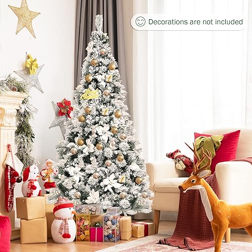 Miniatura 2 de Goplus Árbol de Navidad artificial flocado de nieve de 6 pies, árbol de Navidad con bisagras con soporte de metal plegable, bayas blancas y flores