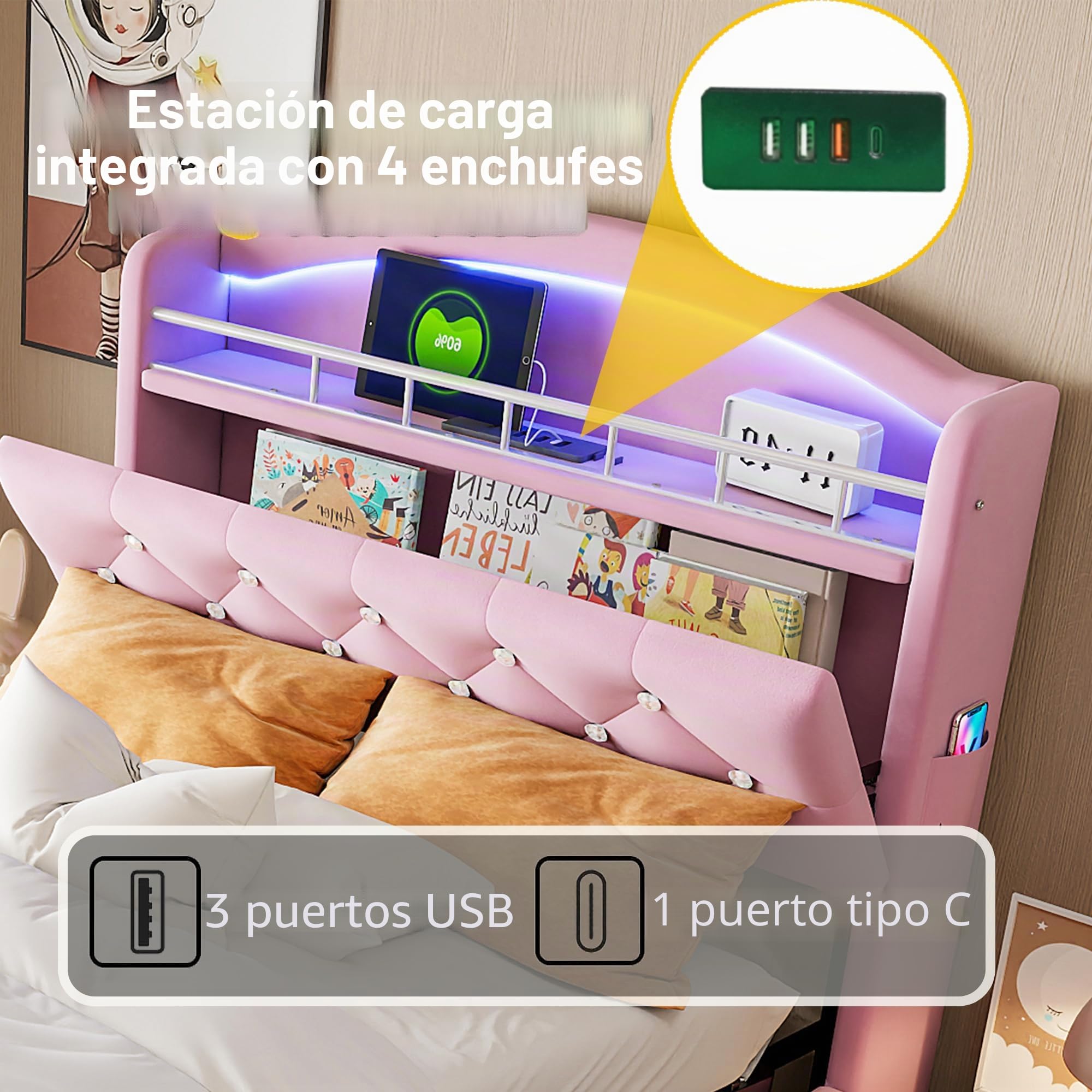 Cama 90x200 cm Camas Infantiles con USB y Cabecero de Almacenamiento, Cama Tapizada Cama Individual con LED y Almacenaje Hidráulico, Camas Individuales Juveniles, Terciopelo, Sin Colchón, Rosa