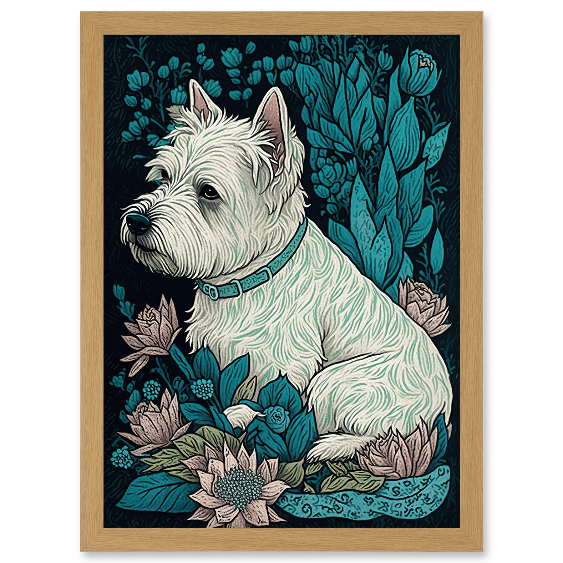 Artery8 West Highland White Terrier Sitting in Flower Field Modern Dark Illustration Artwork Framed A3 Wall Art Print