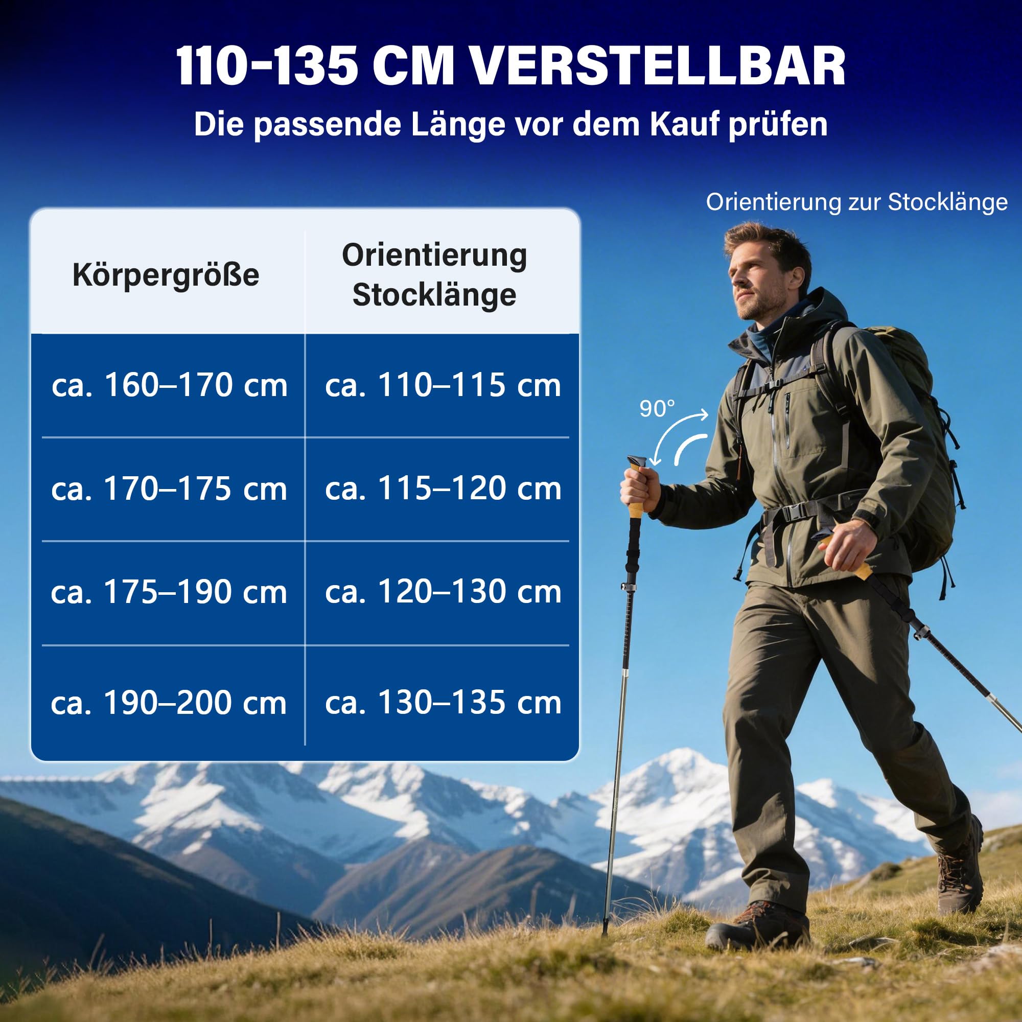 Wanderstöcke faltbar 2er Set, 35 cm, 3K Carbon-Alu | 35 cm Faltmaß; 110–135 cm; 3K Carbon + 7050 Alu; Kork + EVA; Grau für Trekking & Bergwege