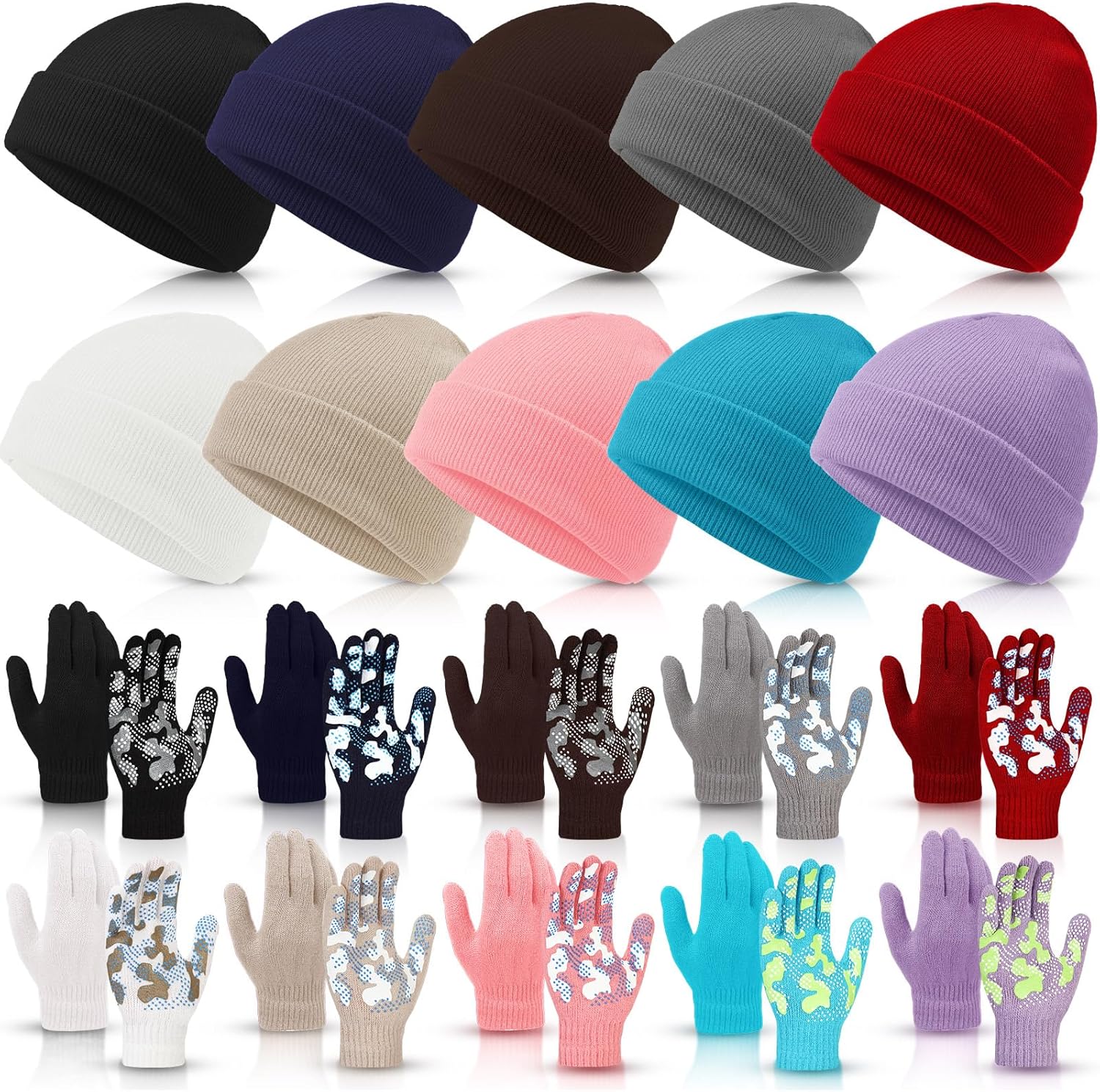 JaGely 20 Pcs Kids Hats Gloves Winter Bulk Knit Beanie Caps Warm Anti-Slip Gloves for Ages 5-10 Boys Girls