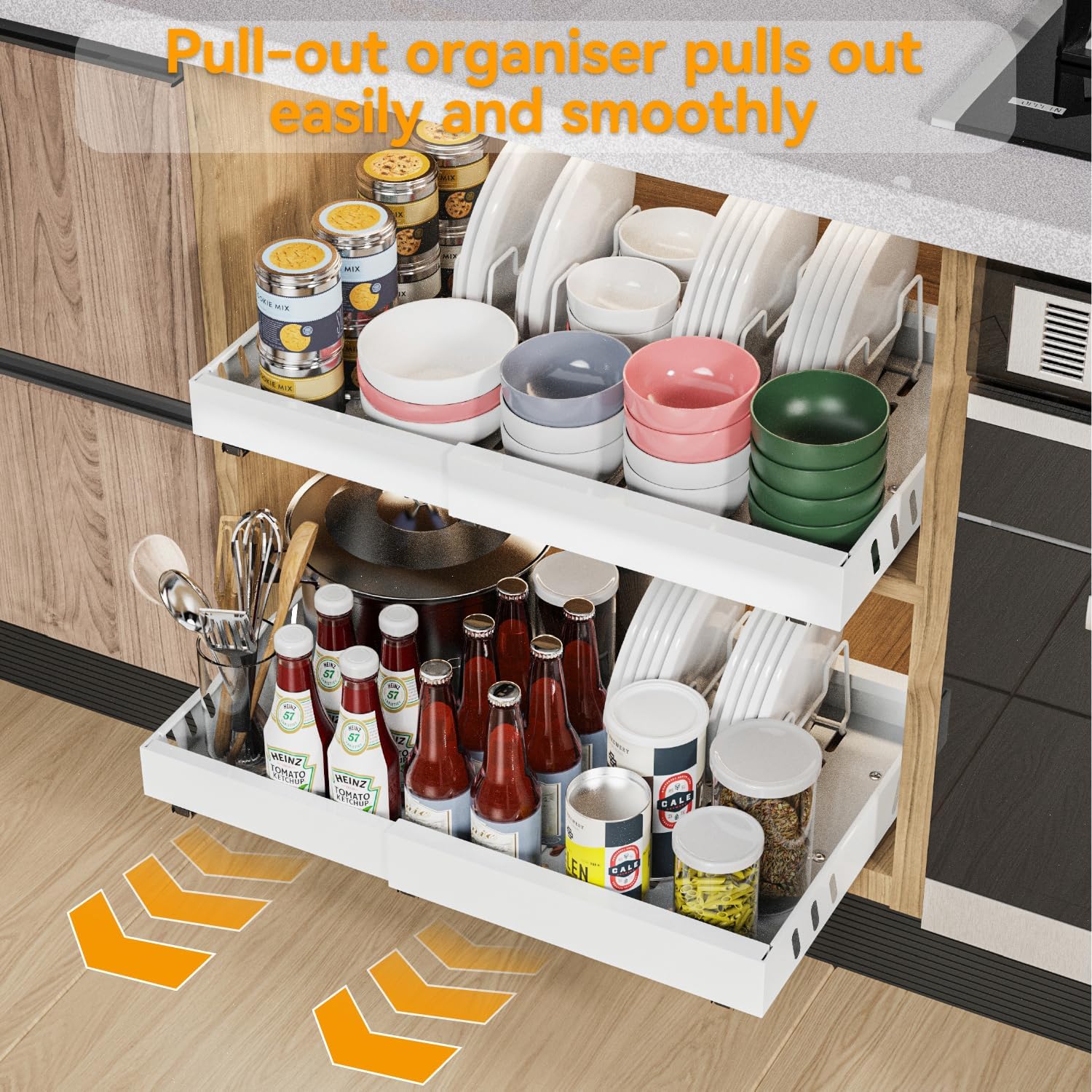 2 Pack Expandable Pull Out Cabinet Organizer Adhesive, 21" Deep Slide Out Drawers for Kitchen Cabinets,with 8pcs Divider Racks for Kitchen Pantry Organization Adjustable Width 12.6"-20.9"