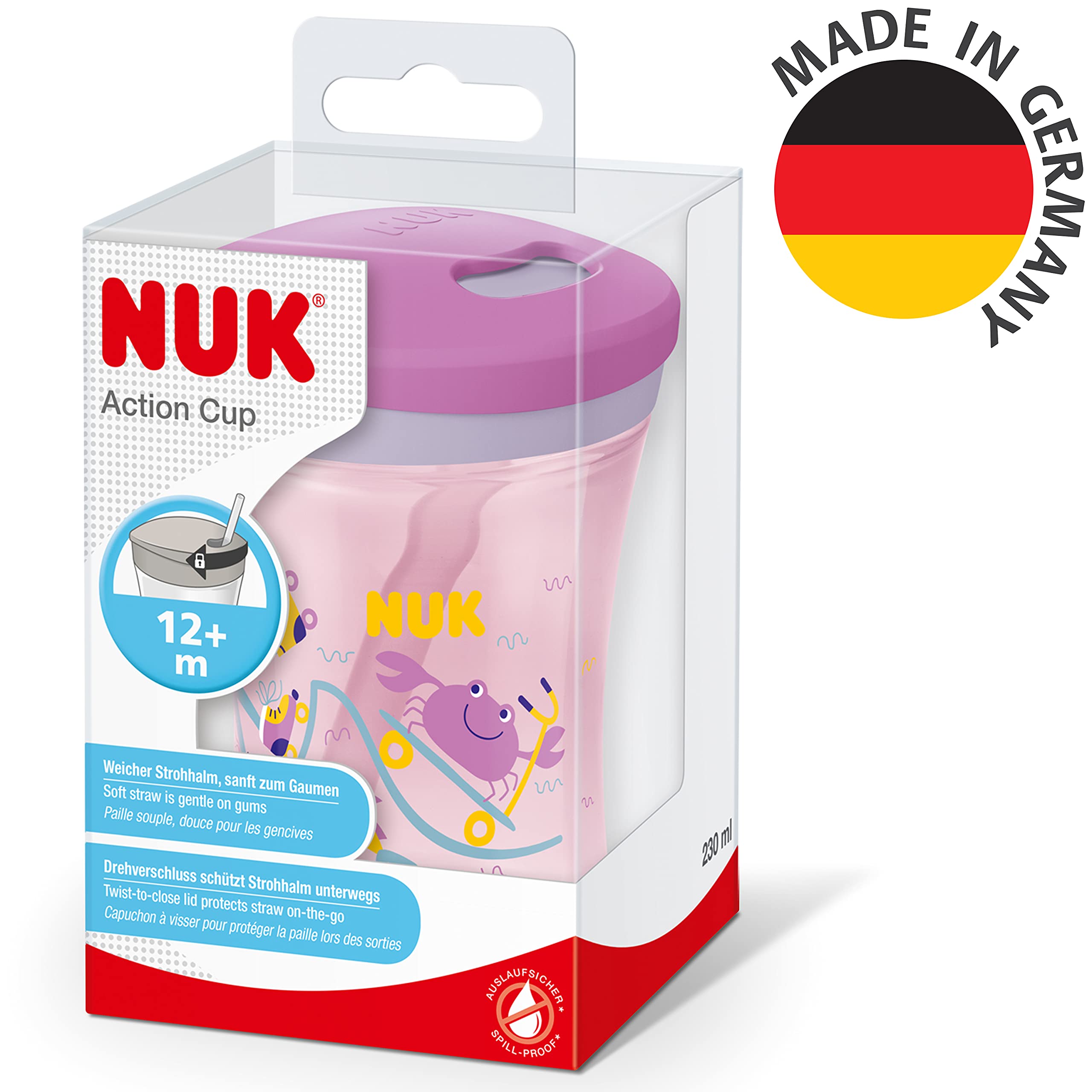 Kubek dla malucha NUK Action Cup | Od 12 miesiąca | Zakręcany, z miękką słomką | Szczelny | Nie zawiera BPA | 230 ml | Krab (czerwony)