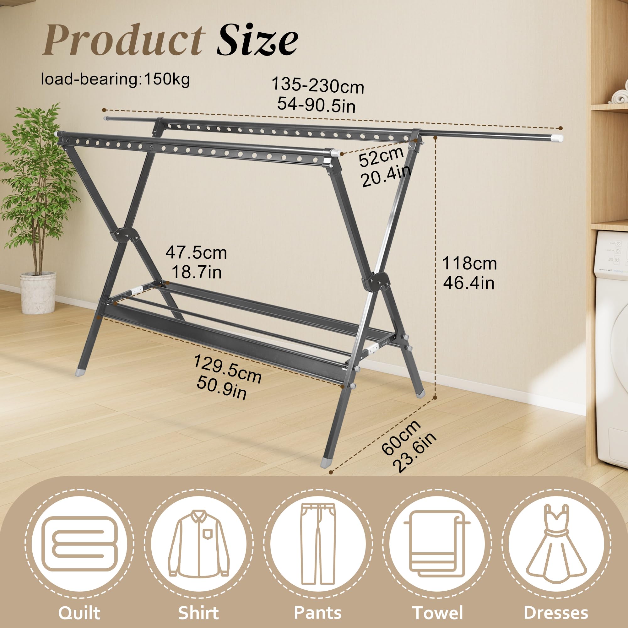 135-230 cm Wäscheständer, Wäscheständer Ausziehbar, einstellbar Länge, Faltbarer Kleiderständer, Indoor Outdoor, Schuhe und Kleidung, Heavy Duty Kleiderständer, mit winddichtem Haken