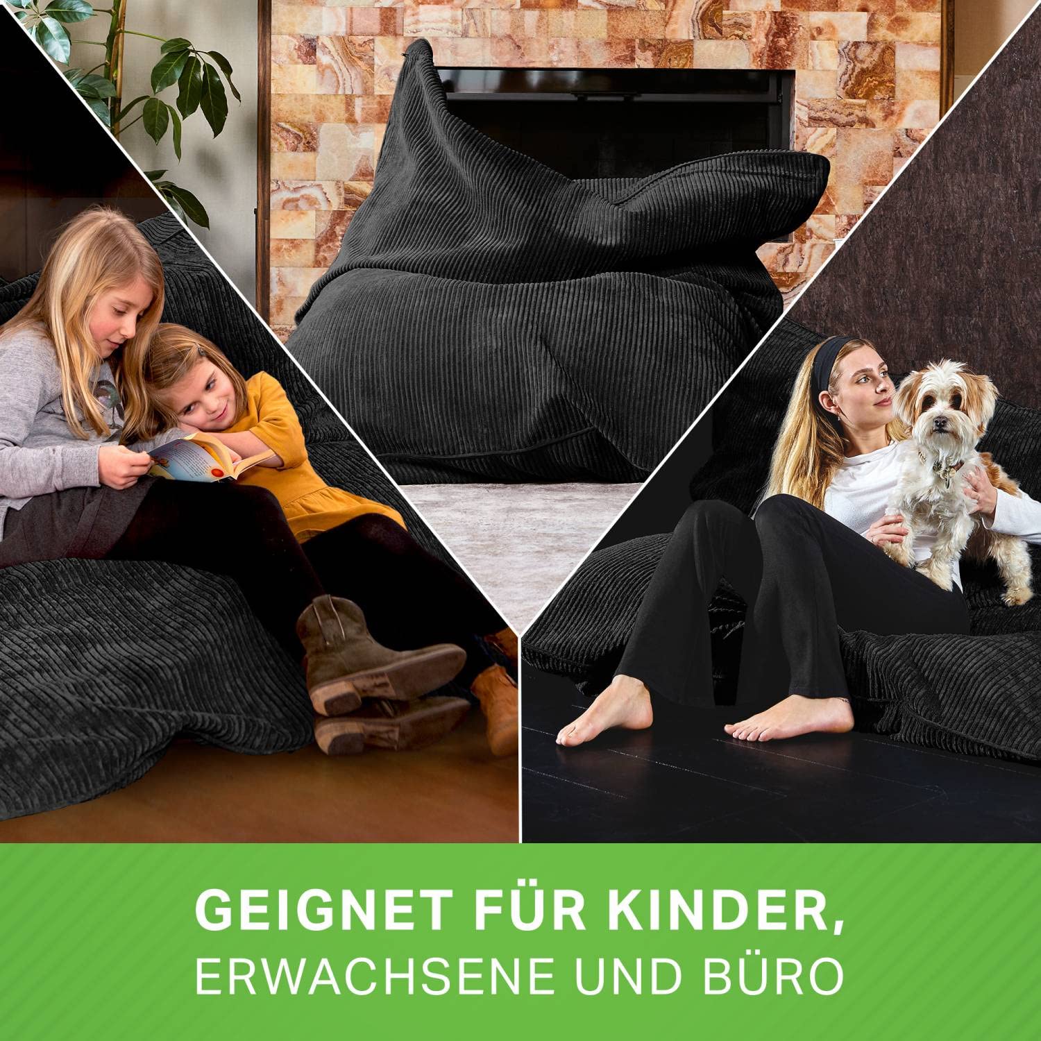Green Bean© pouf XXL en tissu velours velours 370 litres de remplissage de perles EPS - Tissu doux et durable et lavable Coussin de sol Coussin de salon