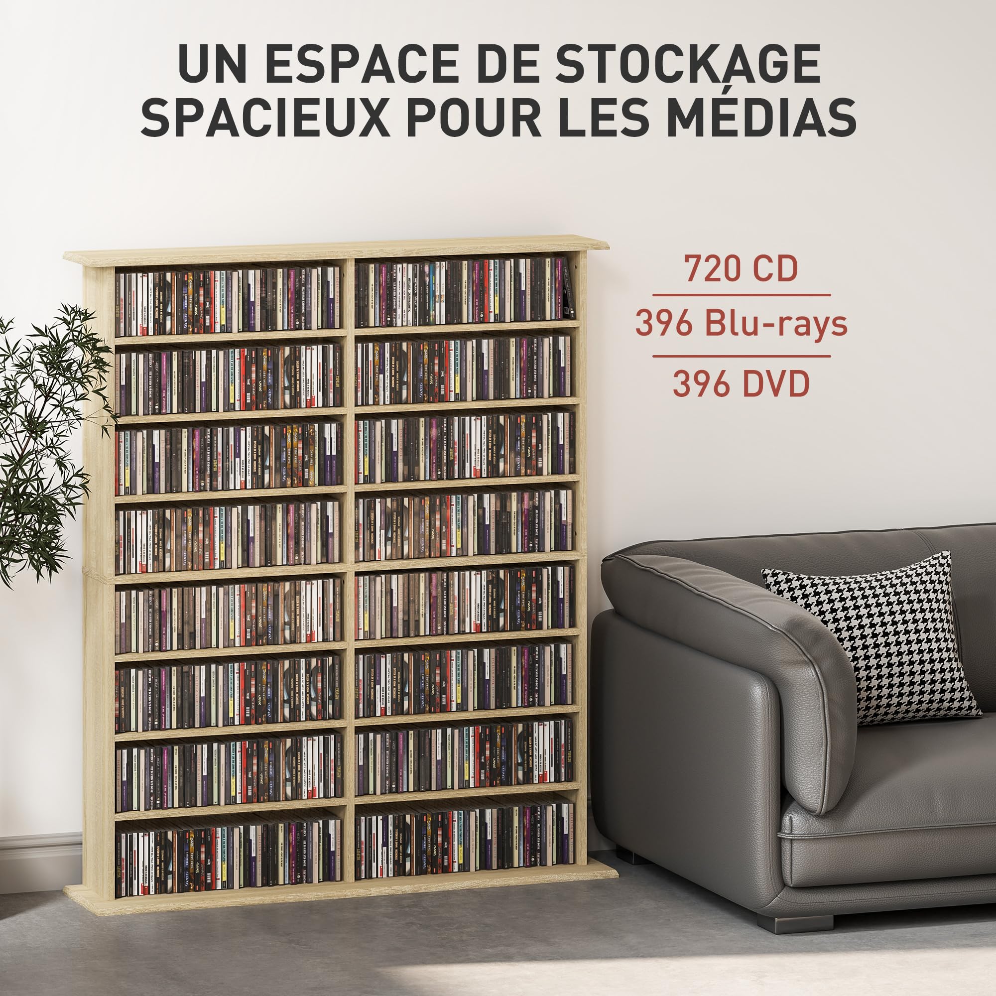 HOMCOM Contenitore per CD e DVD, contenitore multimediale con 16 scomparti e 12 ripiani regolabili, capacità massima 720 CD/396 DVD e Blu-ray, 106,5 x 24 x 123,7 cm, legno naturale