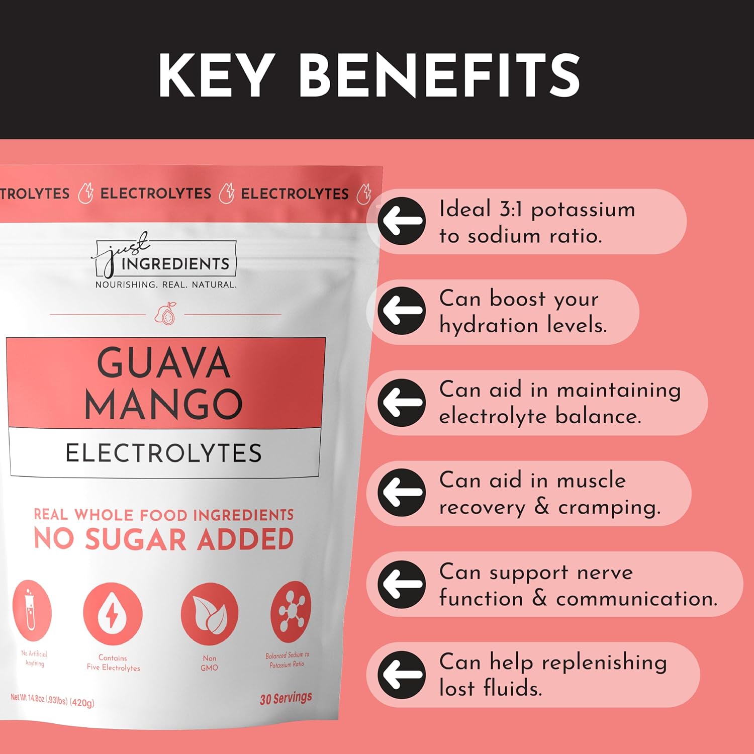 Guava Mango Electrolytes – 30‑Serving Hydration Drink Mix with Coconut Water, Sea Salt, and Trace Minerals – Supports Hydration, Recovery, and Electrolyte Balance* - Image 7