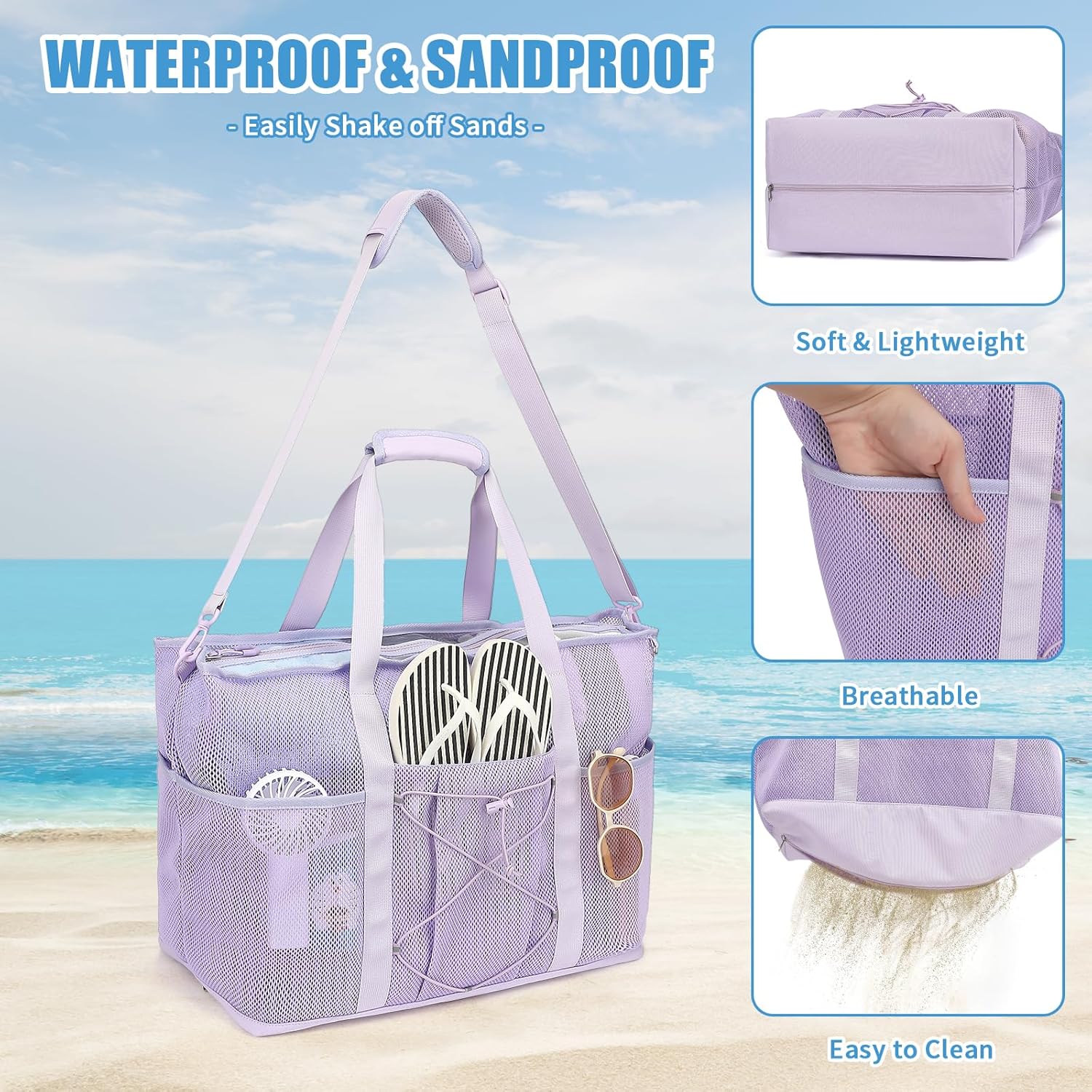 Mesh Beach Bag, Foldable Extra Large Beach Bags with Zipper Pool Bag with Portable Phone Pouch for Vacation Pool - Image 8