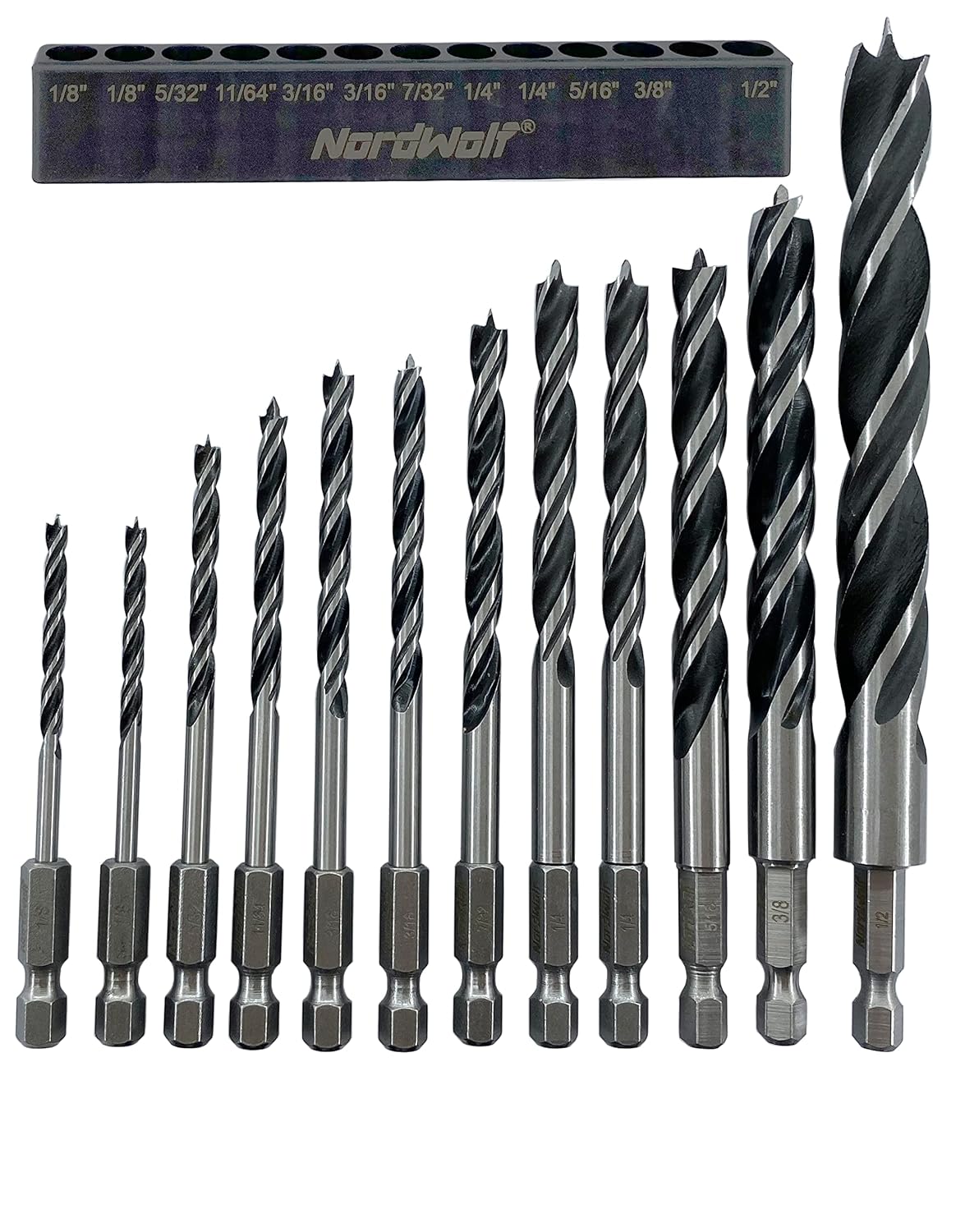 NordWolf 12Piece Brad Point Wood Drill Bit Set for Carpenter Wood