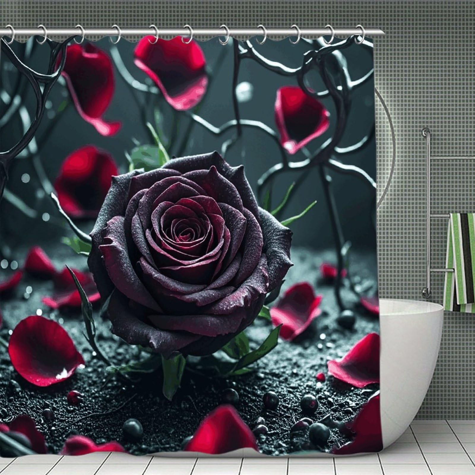 VstaDank Rose Shower Curtain Waterproof Bathroom Shower Curtain with C Type Hooks Soft Lightweight Shower Curtains Liner Washable Polyester Cloth Shower Liner 71x71 Inch