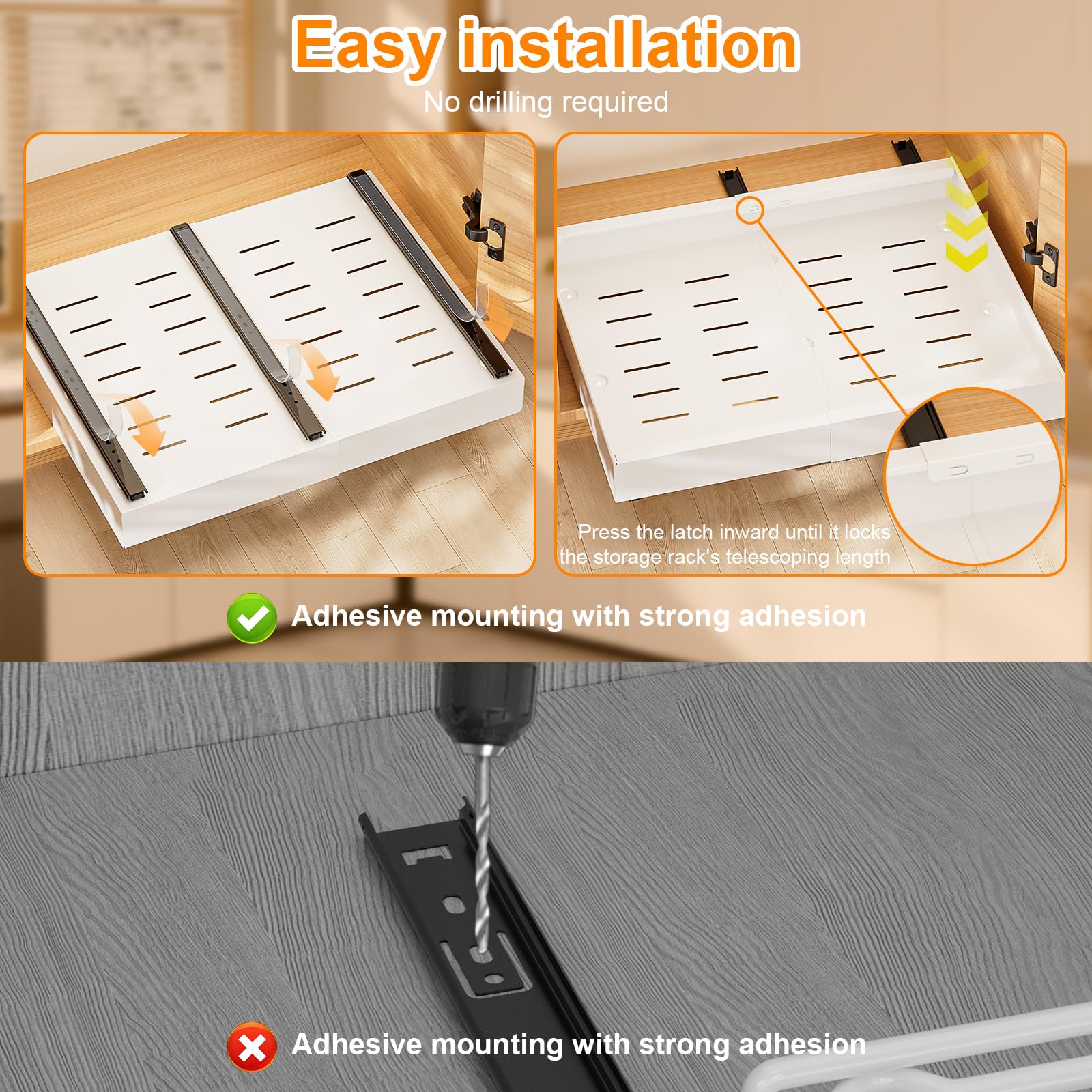 Diealles Shine Teleskopschublade, 2 Stück Einstellbare Breite 31-52CM Ausziehbare Schublade Küche, Ohne Bohren Küchenschrank Organizer Ausziehbar für Kitchen