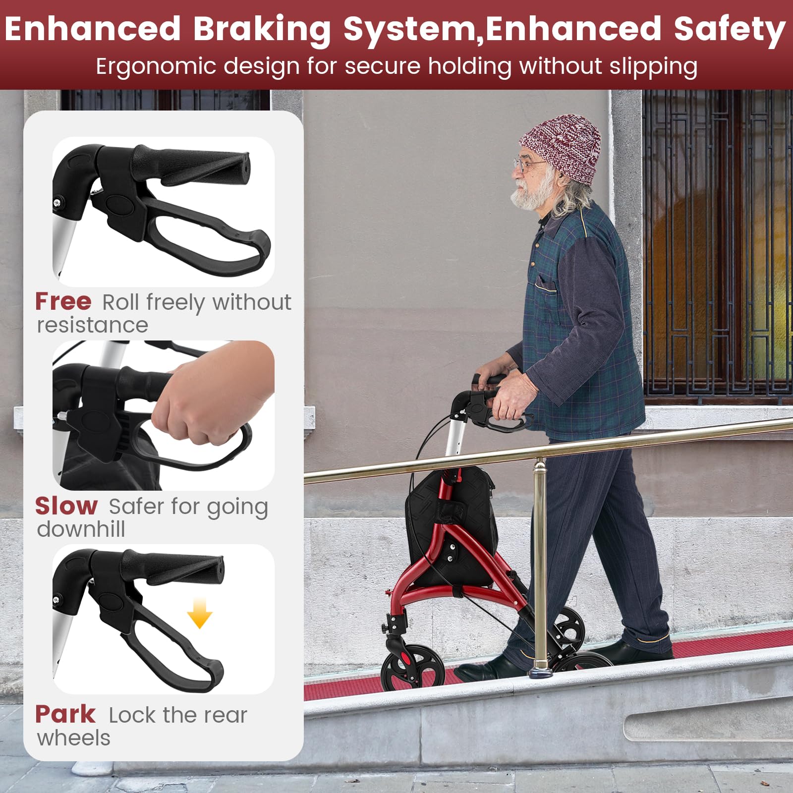 FANTASK Dreirad Rollator faltbar und leicht, 3-Rad Leichtgewichtrollator mit Sitz 6-fach höhenverstellbar, Gehwagen mit Tasche & Bremse, Aluminiumrahmen für Senioren & Erwachsene (Rot)
