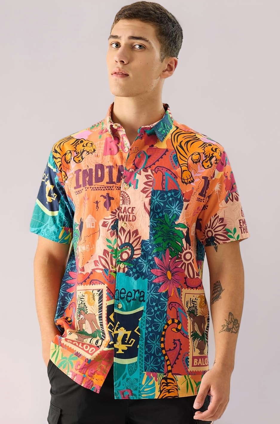 The Souled Store Official Jungle Book: Indie Print Men and Boys Short Sleeve Collared Neck Button Down Regular Fit Cotton Summer Shirts