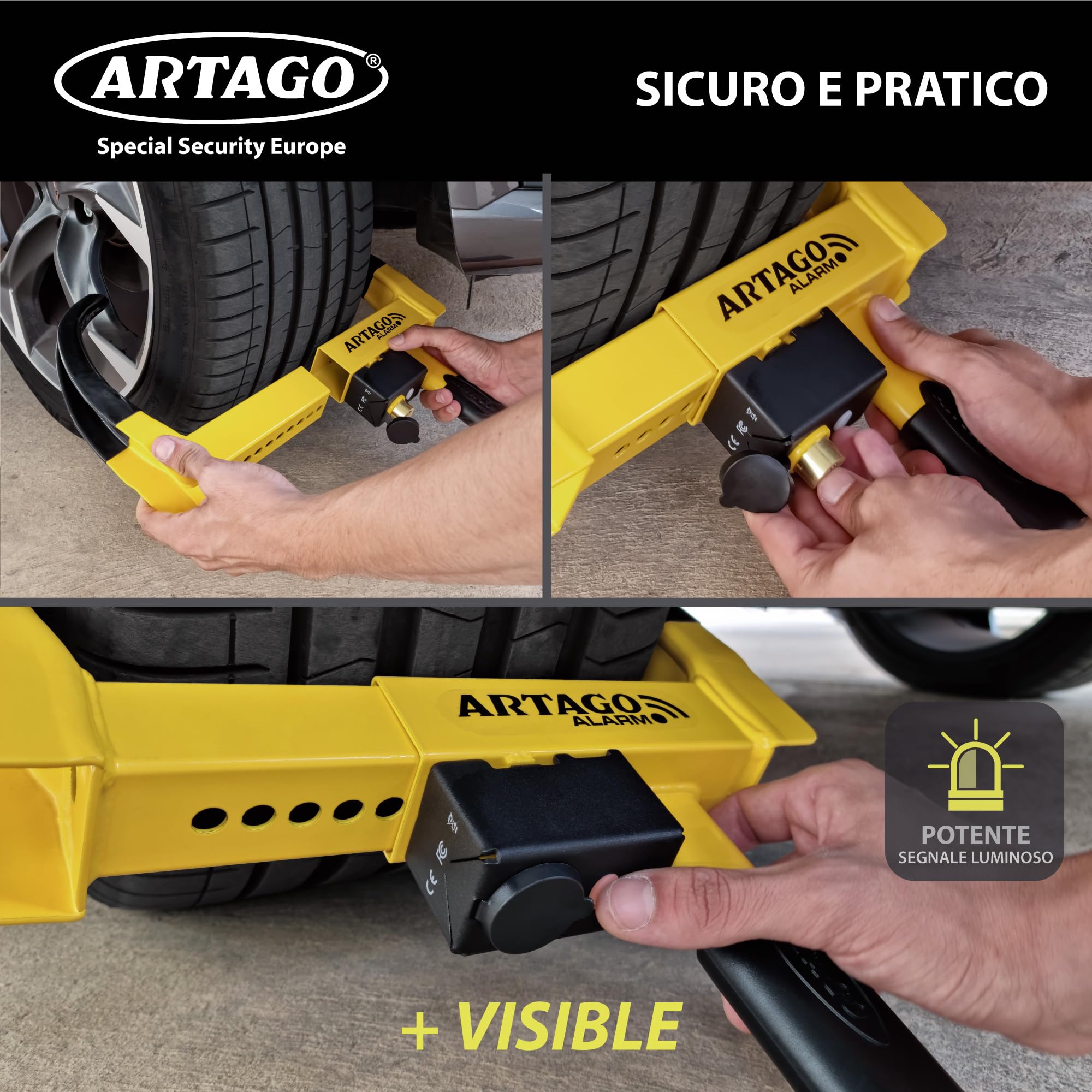 ARTAGO ART872 Il Blocca Ruota Più Sicuro e Deterrente, Antifurto Auto Rimorchio Camper 2in1, Senza/Con Allarme 120dB+LED Avviso Visibile Notte, Doppia Protezione Antiruggine Più Resistente, Universale