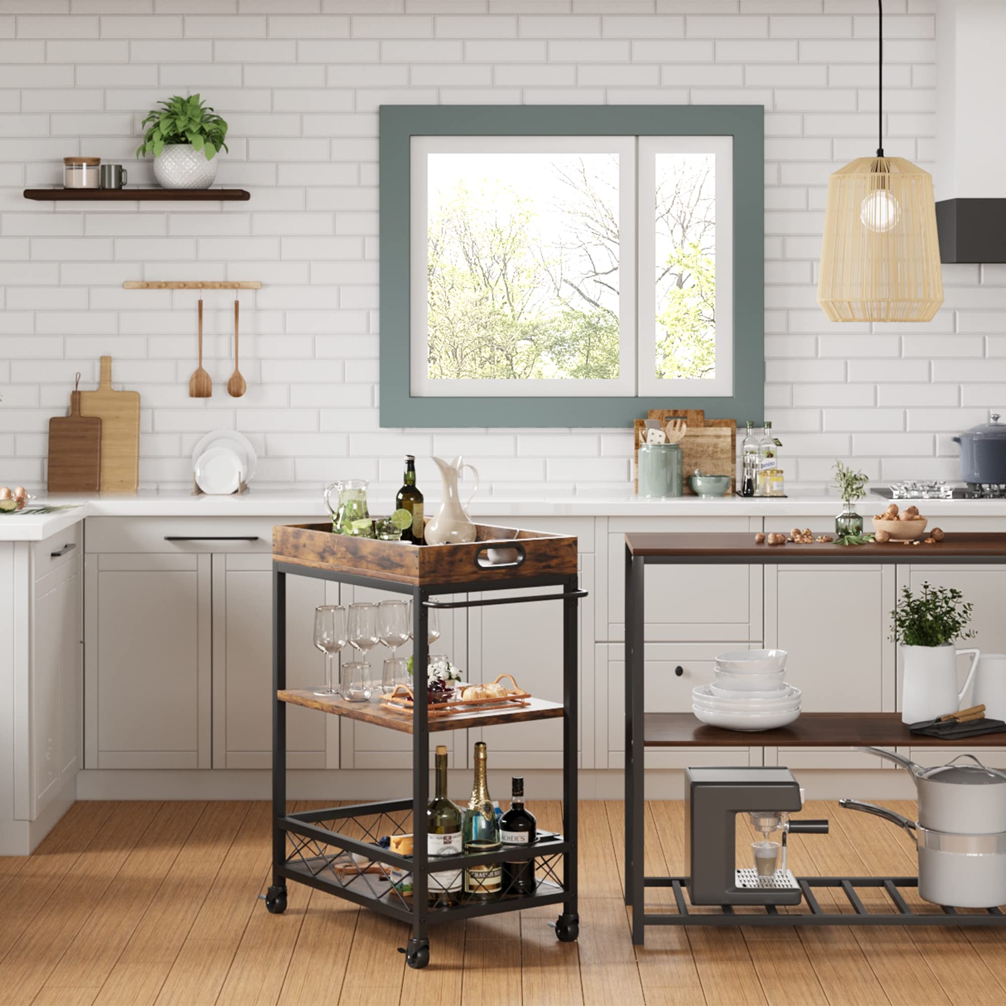 IDEALHOUSE Bar Carts for The Home, Bar Cart, Serving Cart with Wheels, 3 Tier Bar Cart with Wine Rack, Wheel Locks (Vintage)