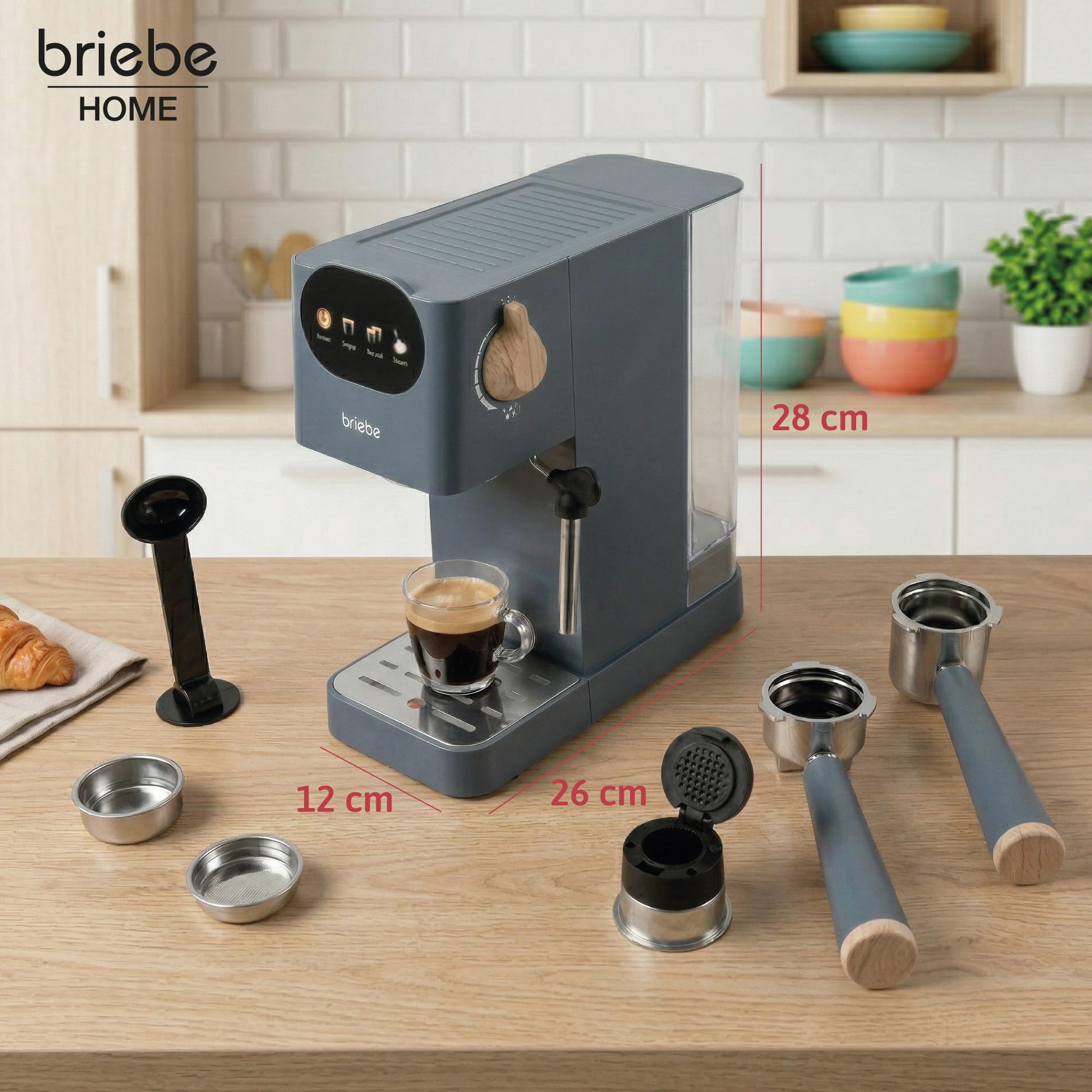 briebe Nordic Cafetera Espresso 20 Bares Compatible Cápsulas Nespresso y Café Molido, Máquina Café Semiautomática Profesional 1350W, Espumador Leche, Pantalla Táctil, 1,2L, Diseño Nórdico, Gris — view 5