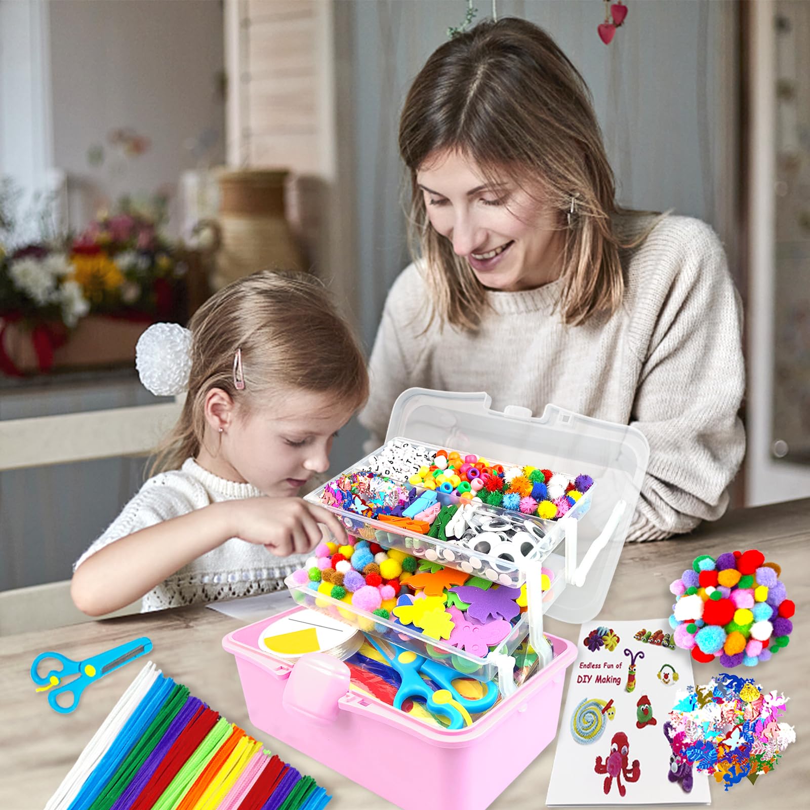 BNUZEIYI Manualidades Niños Caja de Manualidades de 3 Capas con Limpiapipas DIY Creativo Arts Crafts Supplies Material Escolar Juguetes Regalos Niñas Niños 4-8, 8-12 Años, Rosa