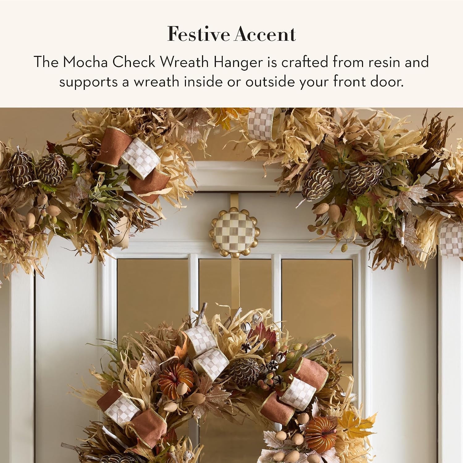 MACKENZIE-CHILDS Wreath Hanger, Door Hanger for Seasonal Decor, Brown-and-White Mocha Check