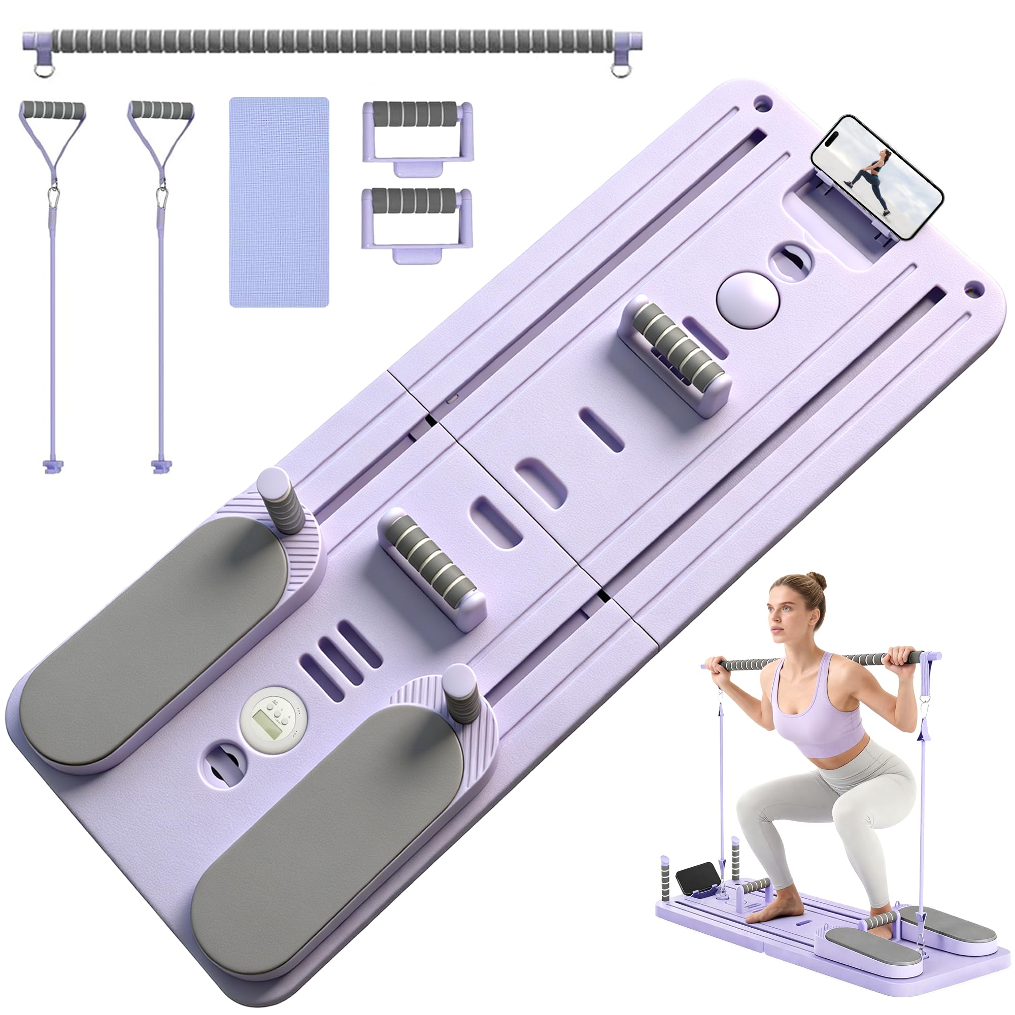 Nordswal Pilates Board with Smart Timer and Resistance Bands, Foldable Reformer Machine, Reformer Pilates Board for Core, Abs, Upper Body Training, Blueberry Mist — image 1