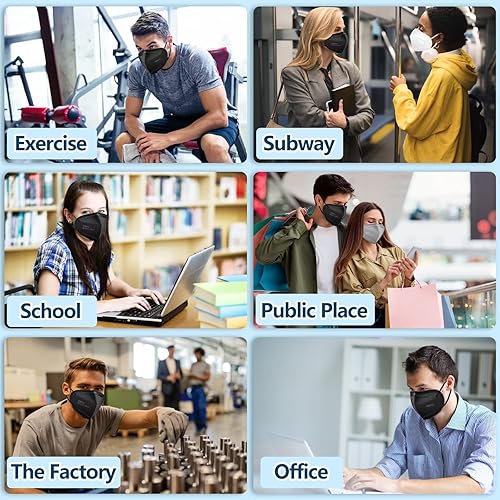 Miniatura 8 de 50 mascarillas KN95 negras de 5 capas con filtro de seguridad contra el polvo, eficiencia 95% con cintas elásticas para las orejas y clip para