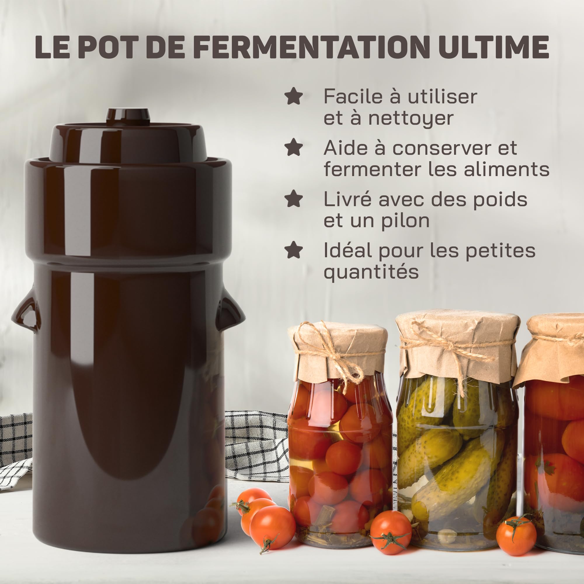 Kenley Pot de Fermentation de 4 Litres - Mijoteuse à Choucroute avec Couvercle, Poids et Pilon - Kit de Fermentation en céramique pour mariner le chou et les légumes Kimchi