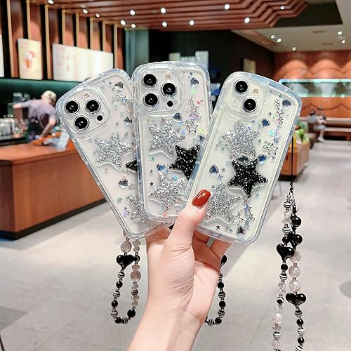 Miniatura 3 de Funda transparente compatible con iPhone 15 Pro, bonita perla 3D con purpurina y estrella con pulsera de perlas, diseño de cadena para niñas y