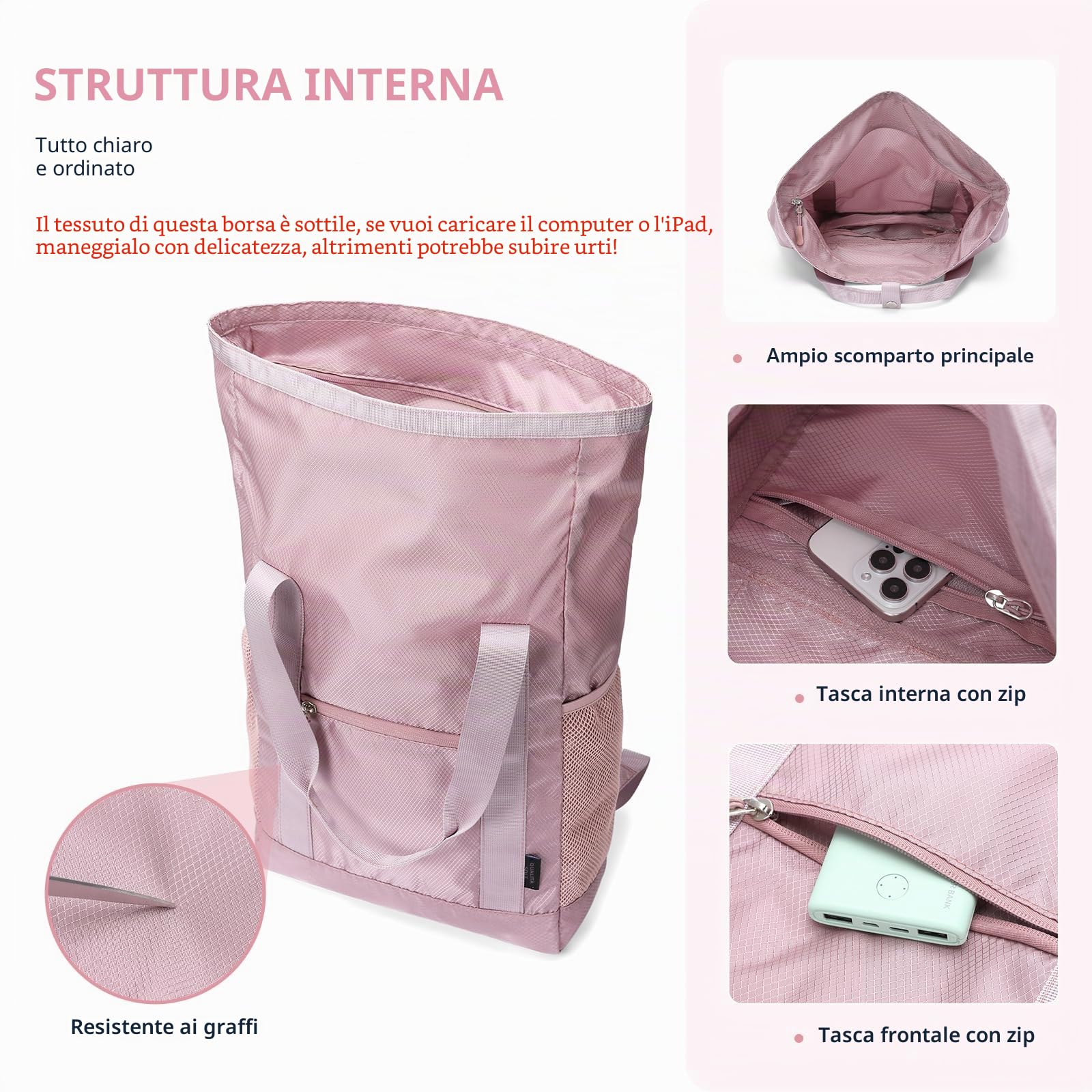Zaino Pieghevole 2 In 1 Convertibile in Nylon Leggero per Donna Uomo Viaggio Città Sportivo, Borsa a Mano Versatile, Casual Daypack 21.9L, Rosa mirtillo