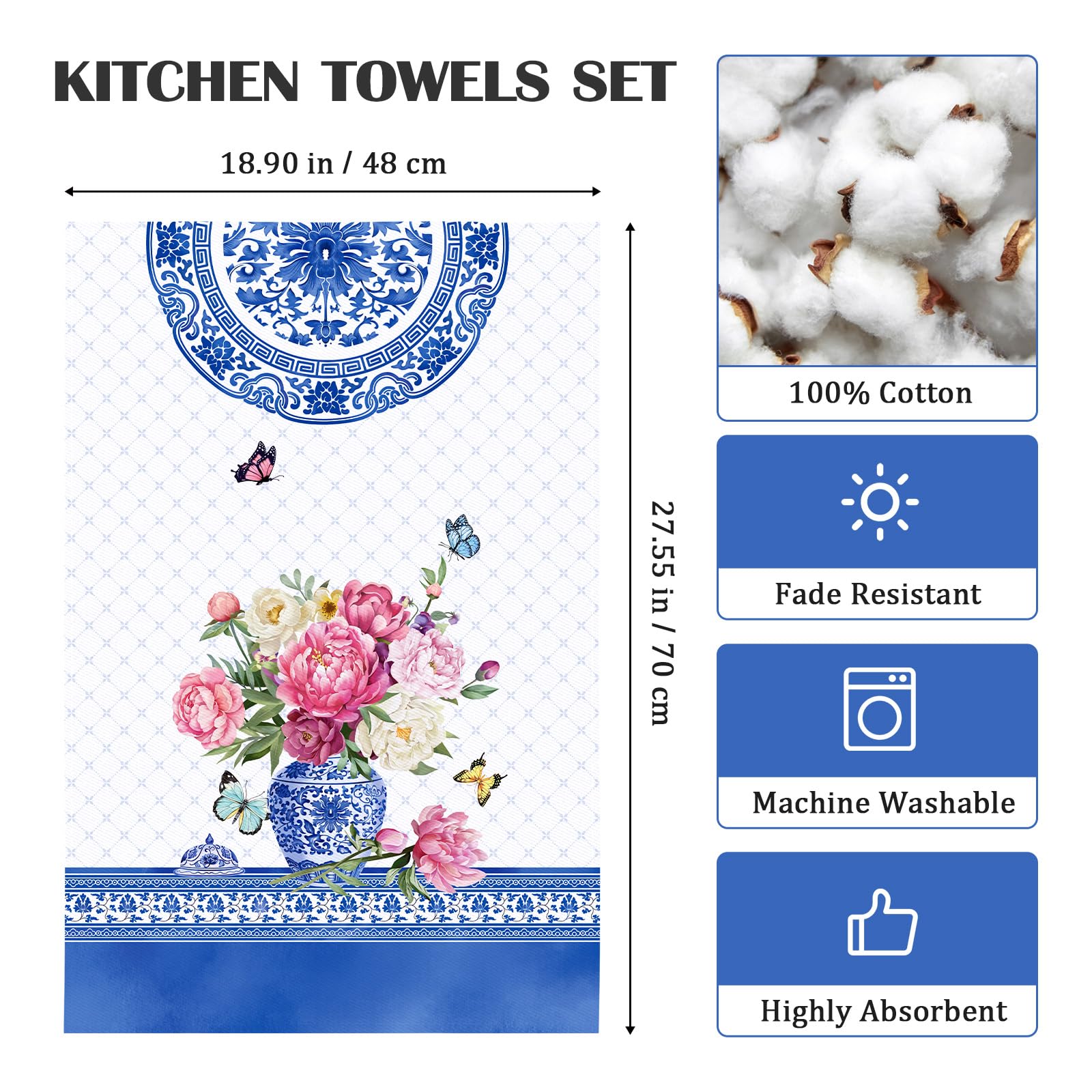 Set 4 Strofinacci Da Cucina Fiore Acquerello - Cotone 100%, 48x70 Cm, Motivi Farfalle - Super Assorbenti E Decorativi - Foto 7