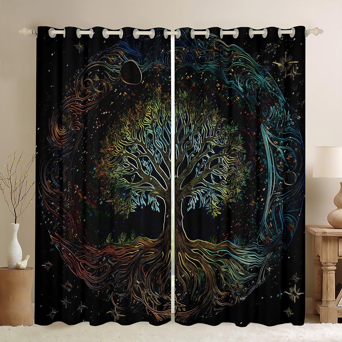 Homemissing tree Window Drapes Treatments Sun and Moon Curtains for Kids Boys Girls Glitter Star Window Drapes Galaxy Window Treatments, W66*L72,2 Panels