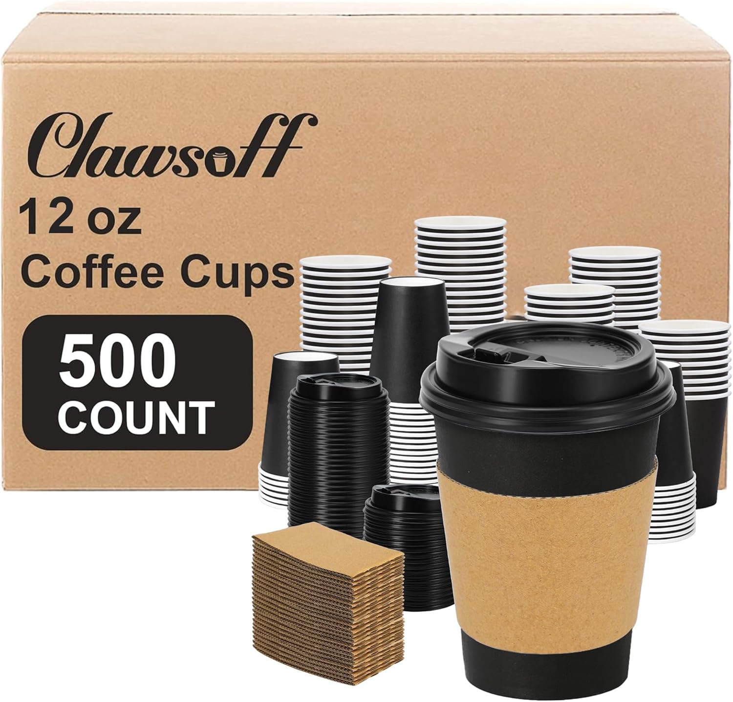 500 Pack 12 oz Disposable Paper Coffee Cups with Lids and Sleeves, Leak-free Disposable Insulated Paper Cups for To Go Hot or Cold Beverages(Black)