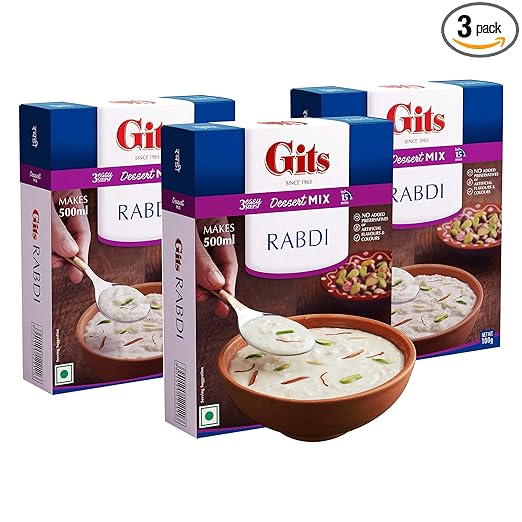 Gits Instant Rabdi Dessert Mix, Pure Veg, Flavors of Saffron and Cardamom, Indian Sweet and Dessert Ready Mix, 300g (Pack of 3, 100g Each)