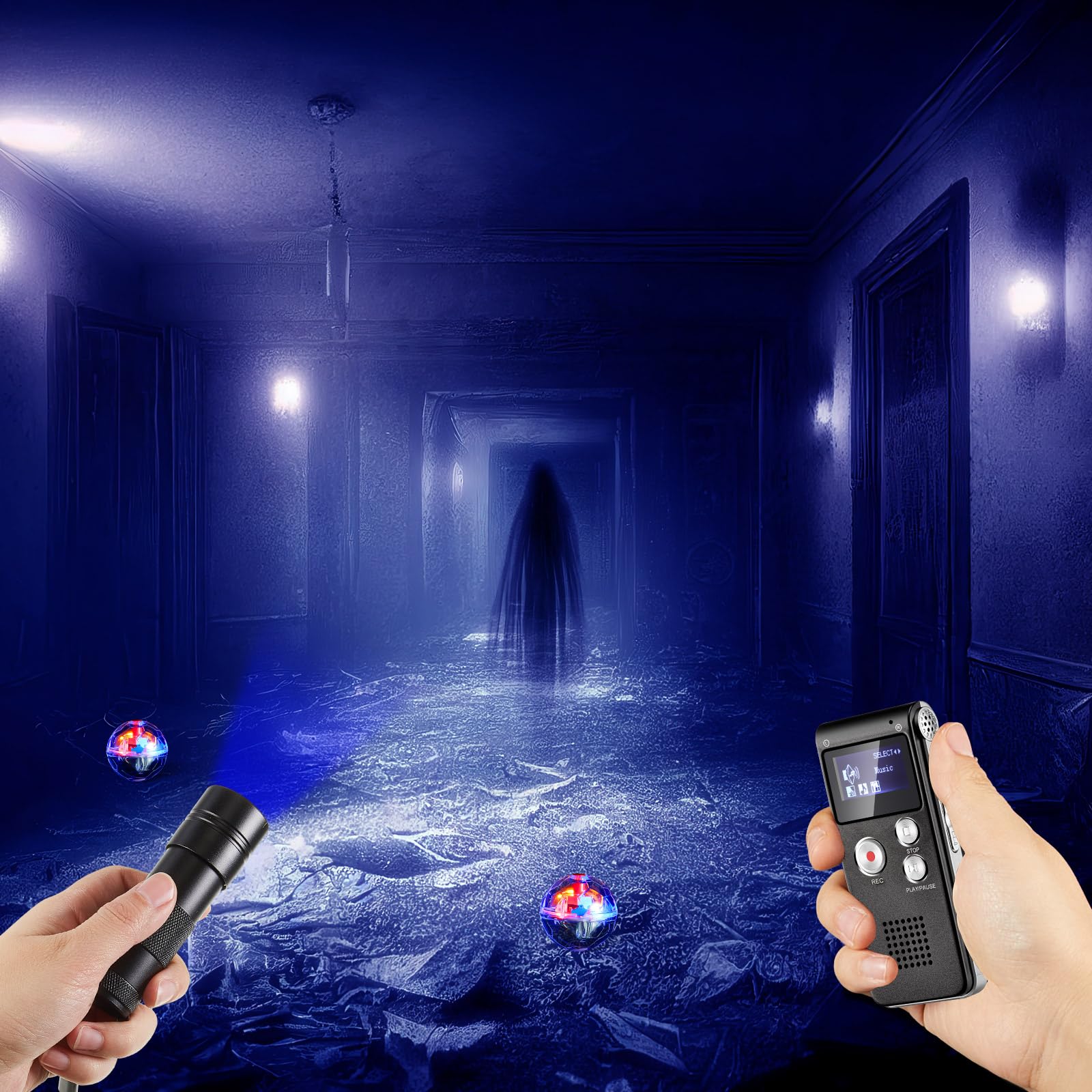 Dunzy Kit di attrezzature da caccia fantasma da 4 pezzi, include 1 registratore vocale digitale tascabile, 2 LED luminosi per animali domestici, 1 torcia UV nera, 8 GB (nero, alla moda)