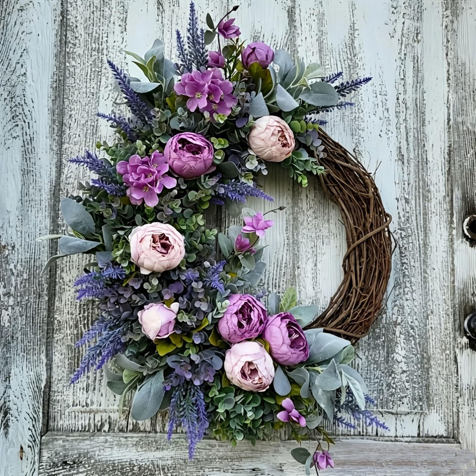 Künstlicher Türkranz mit lila Pfingstrosen, Hortensien und Lavendel, 40/45/50cm Haustürkranz Stil Frühlings Sommer Kranz für Haustür Wand Bauernhaus Innen Außen (50 cm)