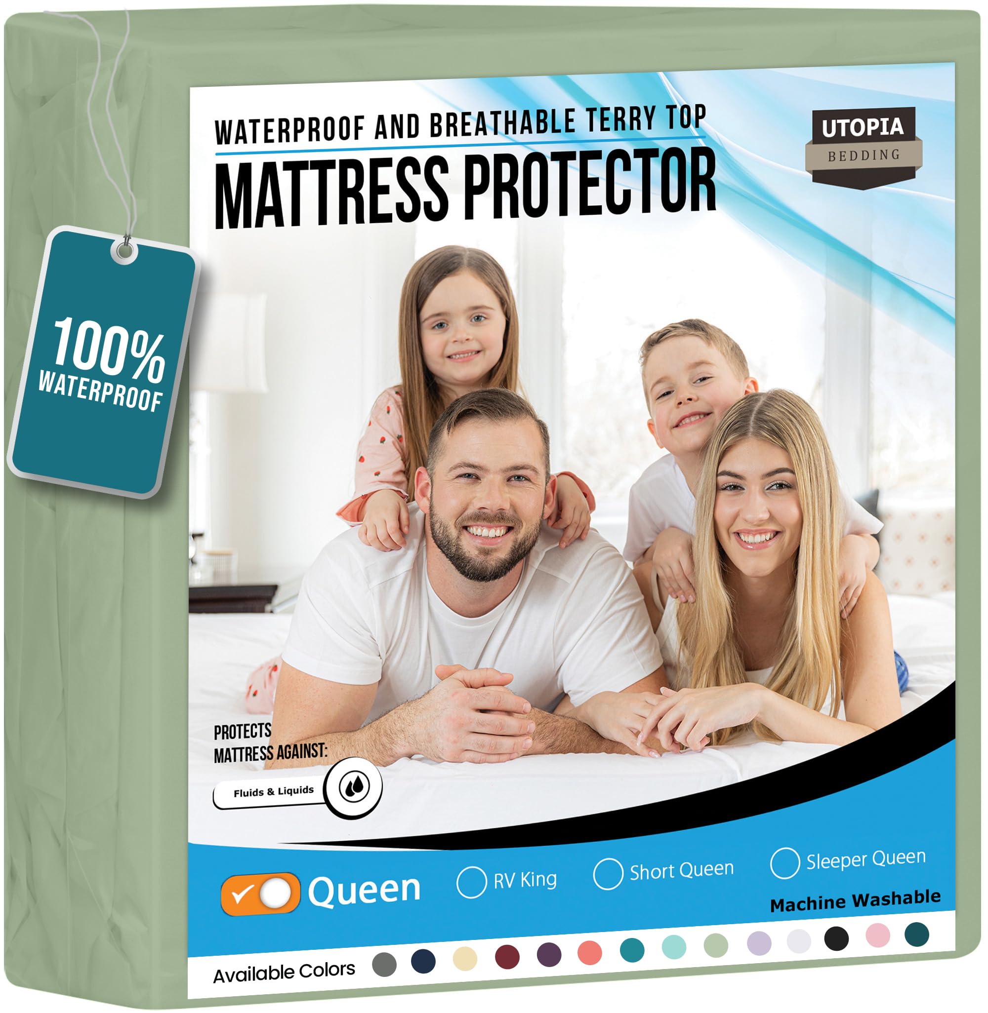 utopia bedding waterproof mattress protector queen size, premium terry mattress cover 200 gsm, breathable, fitted style with stretchable pockets (sage)
