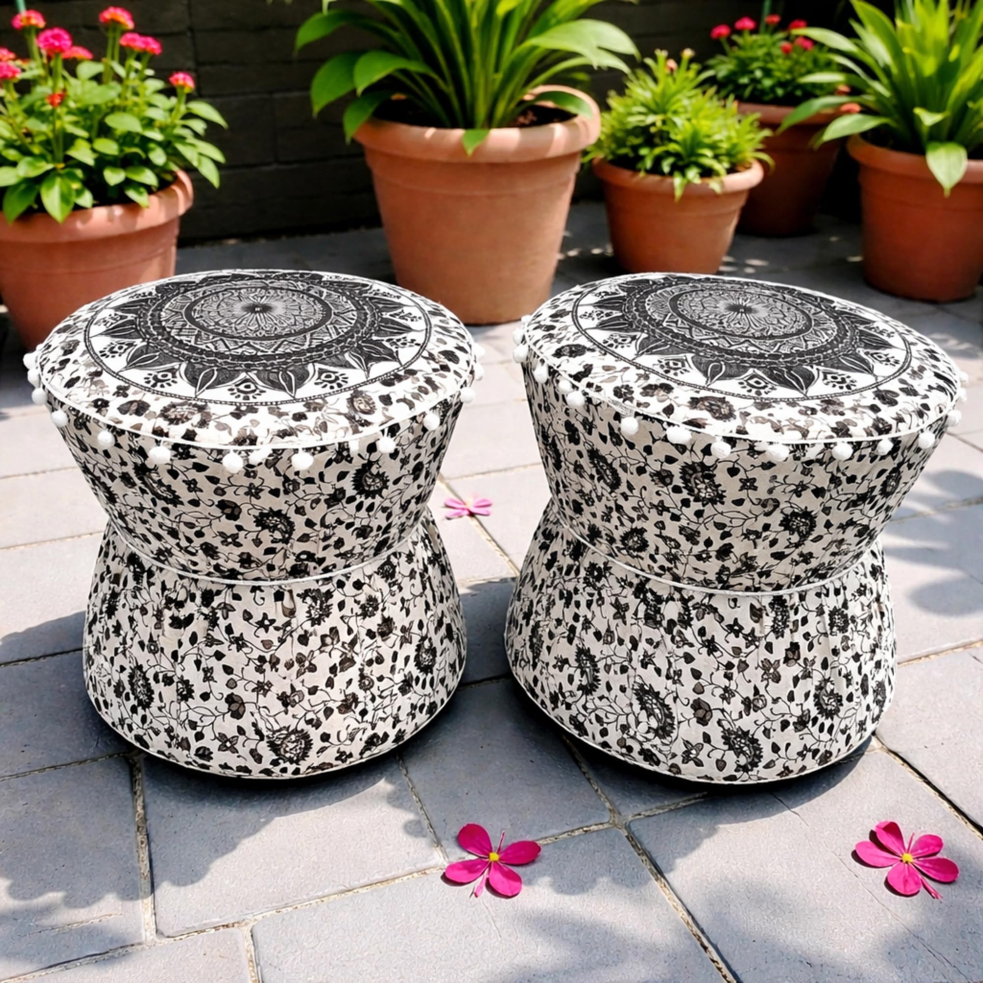 Black & White Boho Pouffe Ottoman Mudda Cover Round Mandala Print Cotton Footstool Set of 2 Pieces Muda Cover ONLY-image-25