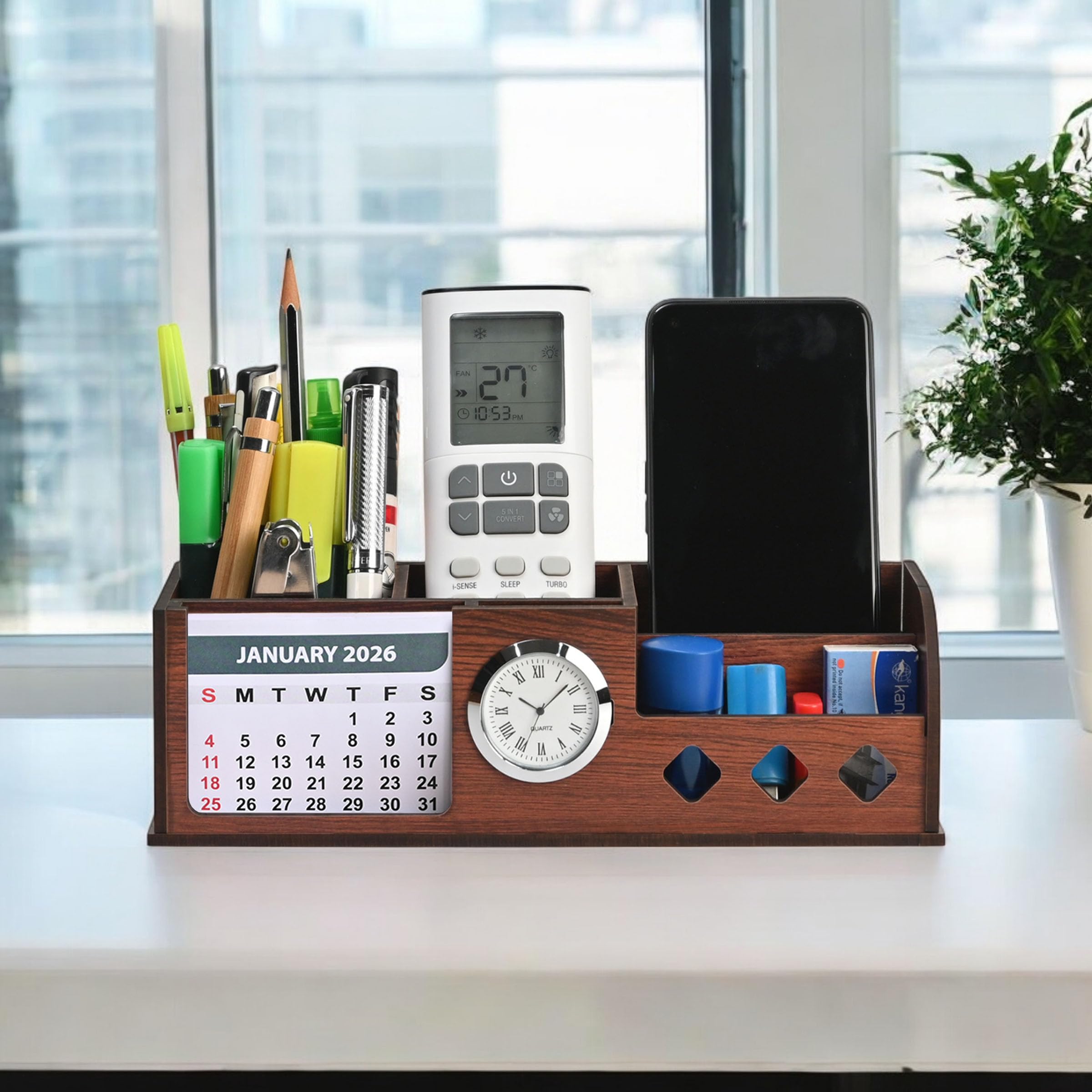 GKD Wooden Desk Calendar 2026 with Clock & Desk Organizer | Premium Engineered Wood Table Calendar for Office & Home Decor | Corporate Gift | Made in India