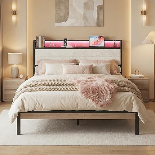 Miniatura 15 de LIKIMIO Base de cama matrimonial con cabecera de almacenamiento y luces LED, plataforma de metal con estación de carga, sin ruido, no necesita