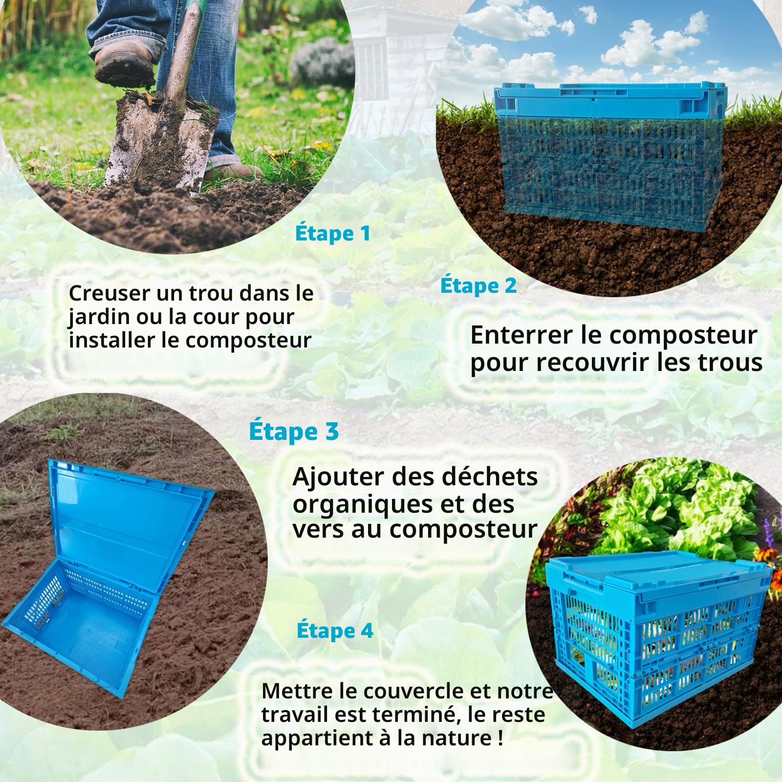 Bac à compost Inground Worm de 19,8 litres, poubelle de compost pliable avec trous et couvercles, composteur de jardin pour lits de jardin surélevés, système de compostage domestique