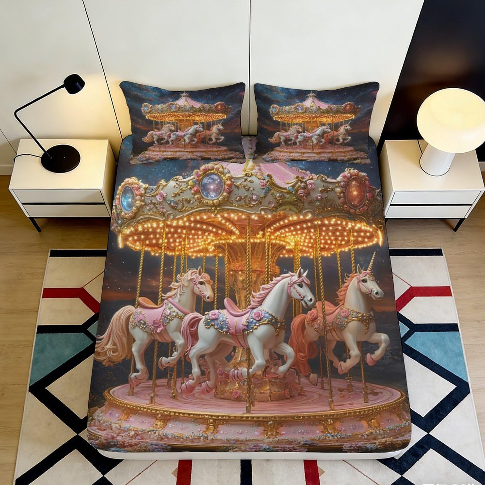 3D Printed Carousel Horse Fitted Sheet Microfiber Soft Decorative Vintage Fairground Bed Cover for Bedroom Home 90x200x25cm