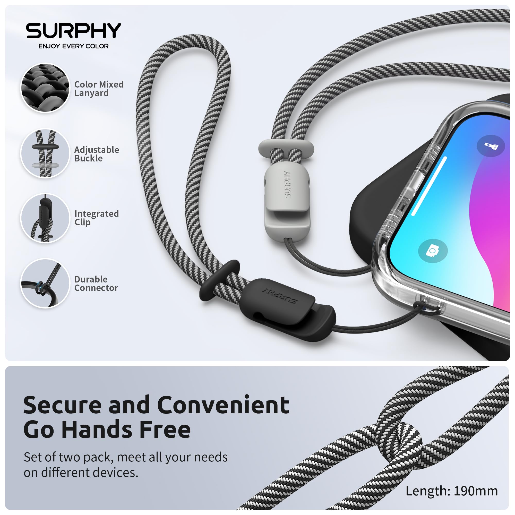 SURPHY Cordino per Cellulare,2 Pezzi Regolabili Universale Cordino,Compatibili con Custodia del Telefono per iPhone/Samsung/Xiaomi/Airpods e Molto Altro Ancora,24cm (Nero & Grigio)
